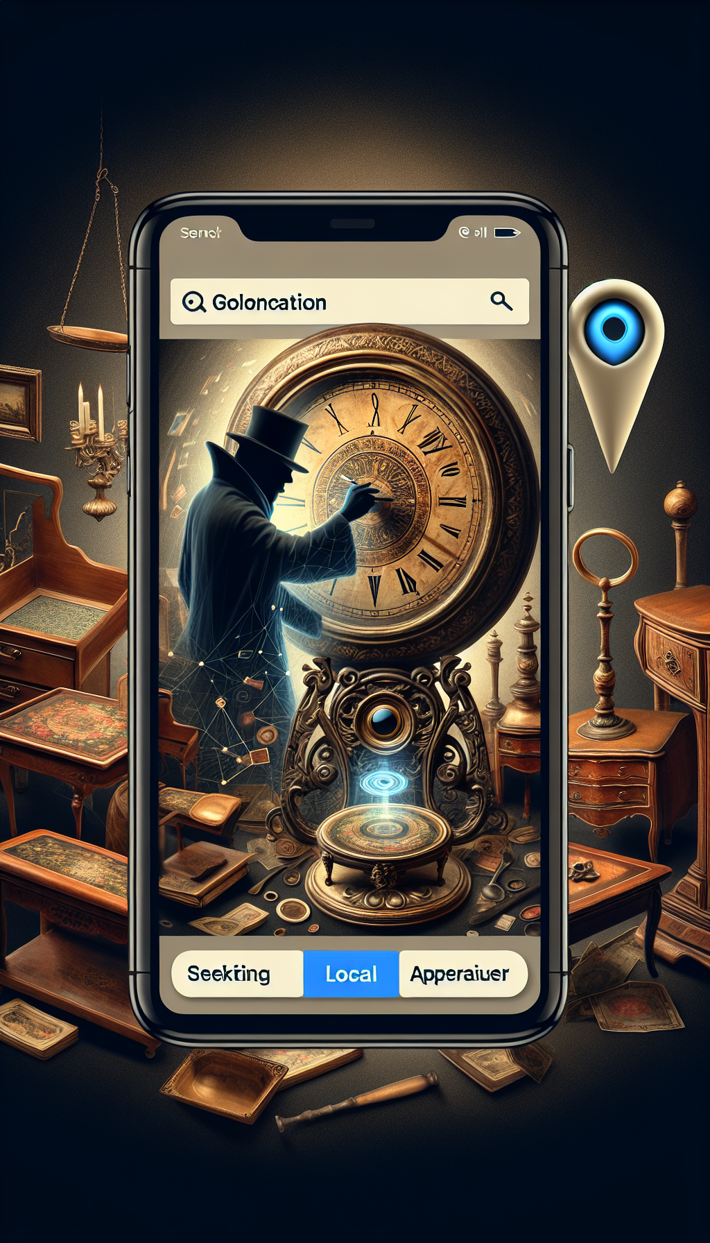 A whimsical illustration depicts an antique clock with its hands spinning backwards, nestled amidst a variety of classic furniture pieces. A magnifying glass hovers above, with a silhouetted appraiser peering through, hinting at discovery. The image is framed by a smartphone screen with a map pinpointing the appraiser's location, blending vintage charm with the modern search for "antique furniture appraiser near me."