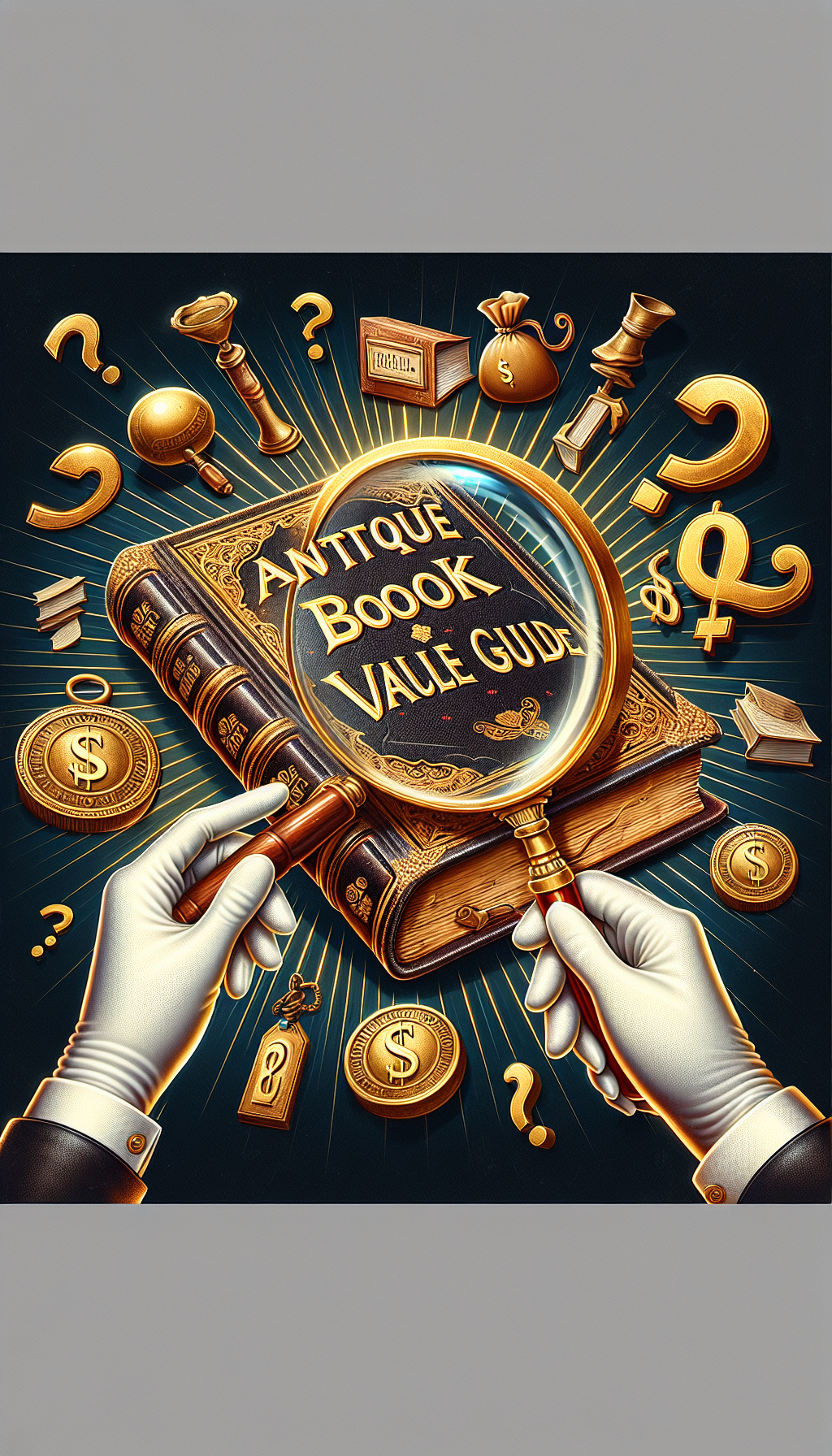 An illustration showcases a magnifying glass hovering over a vintage, leather-bound tome with the title "Antique Book Value Guide" embossed in gold. Inspector-style hands, adorned with white gloves, are examining the pages, with whimsical, floating symbols like question marks, authentication stamps, and dollar signs mingling with drawn rays implying the scrutiny process for authenticity and value.