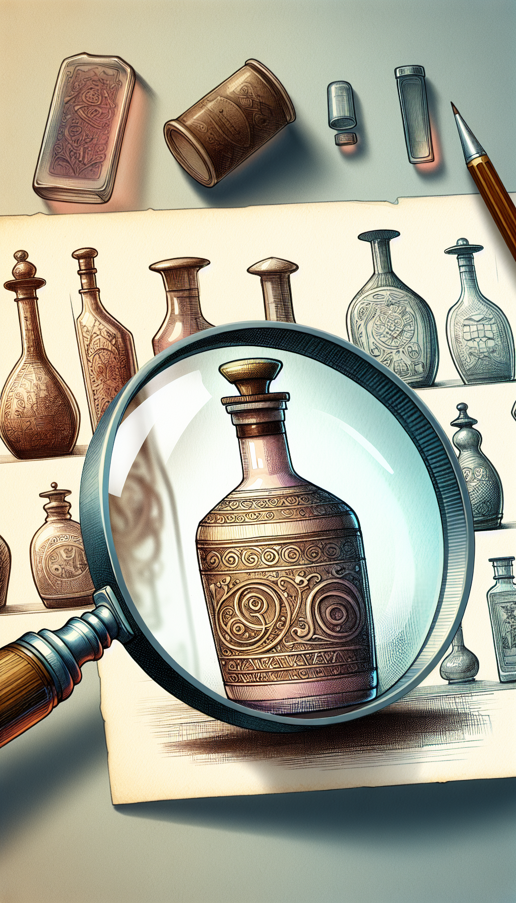 An illustration displays a magnifying glass revealing the subtle details of embossed symbols on the curve of a vintage bottle, with ghosted images of various antique bottles in the background. Styles shift dramatically within the scene: the bottle and magnifying glass are rendered in realistic detail, symbols in fine line art, and the background bottles in a soft watercolor wash.
