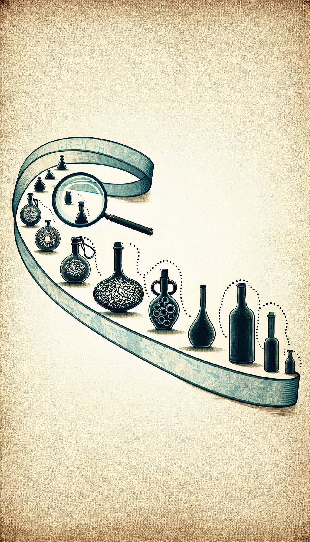 An illustration depicts a semi-transparent timeline ribbon twisting across the page, with a diverse array of bottle silhouettes transitioning from ancient amphoras to modern flasks embedded along its path. Interspersed magnifying glasses focus on key features, highlighting the evolution of form and function critical for antique bottle identification, while dotted lines connect shapes to era-specific cultural symbols.