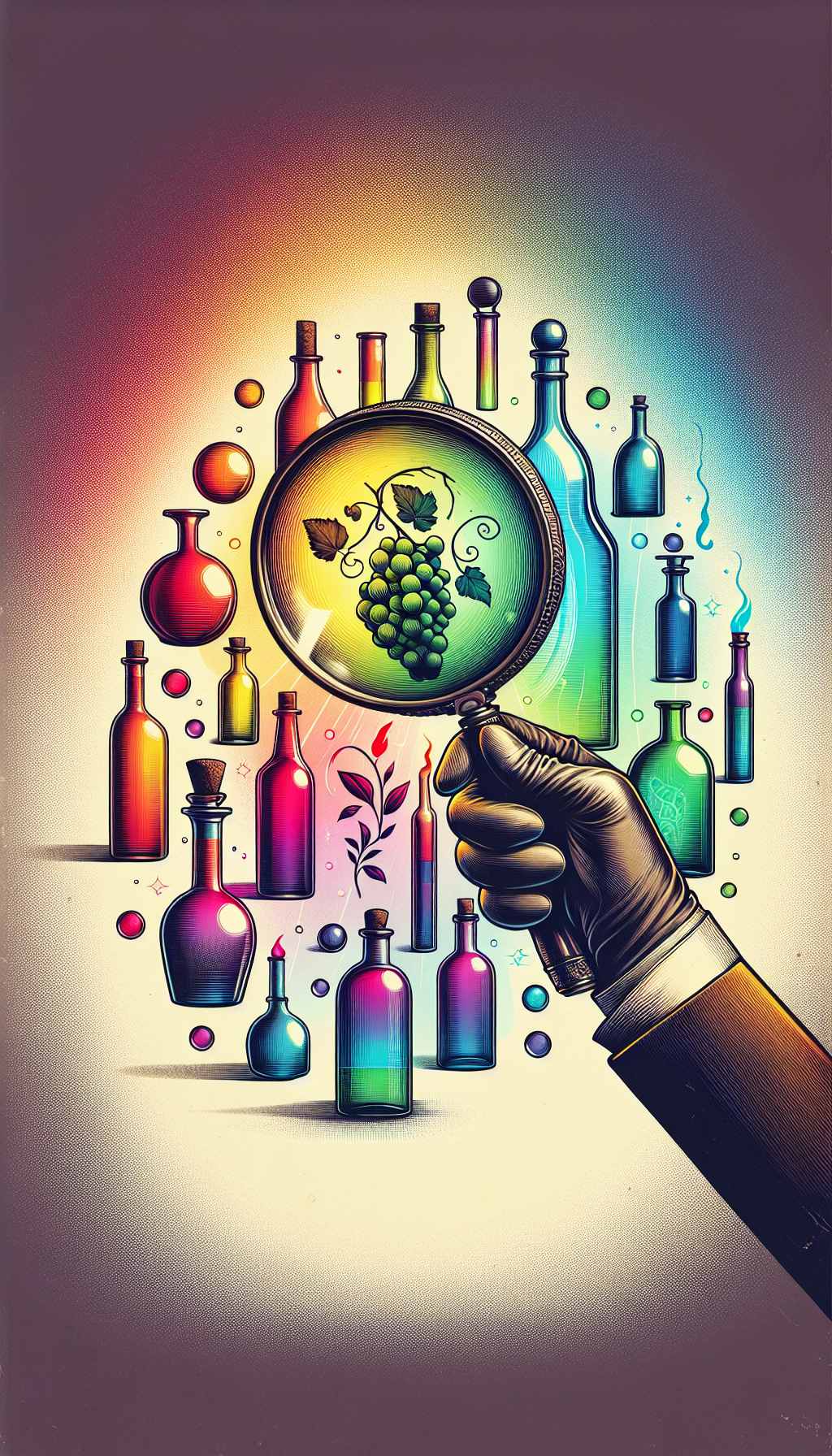 A whimsical illustration features a vintage magnifying glass held by a gloved hand, where the lens reveals a vibrant spectrum across an array of antique bottles lined up like a detective's evidence display. Each bottle casts a distinct hue, hinting at its historical content, as subtle icons (a grape, a leaf, a flame) float within the magnified colors to symbolize their origin stories.