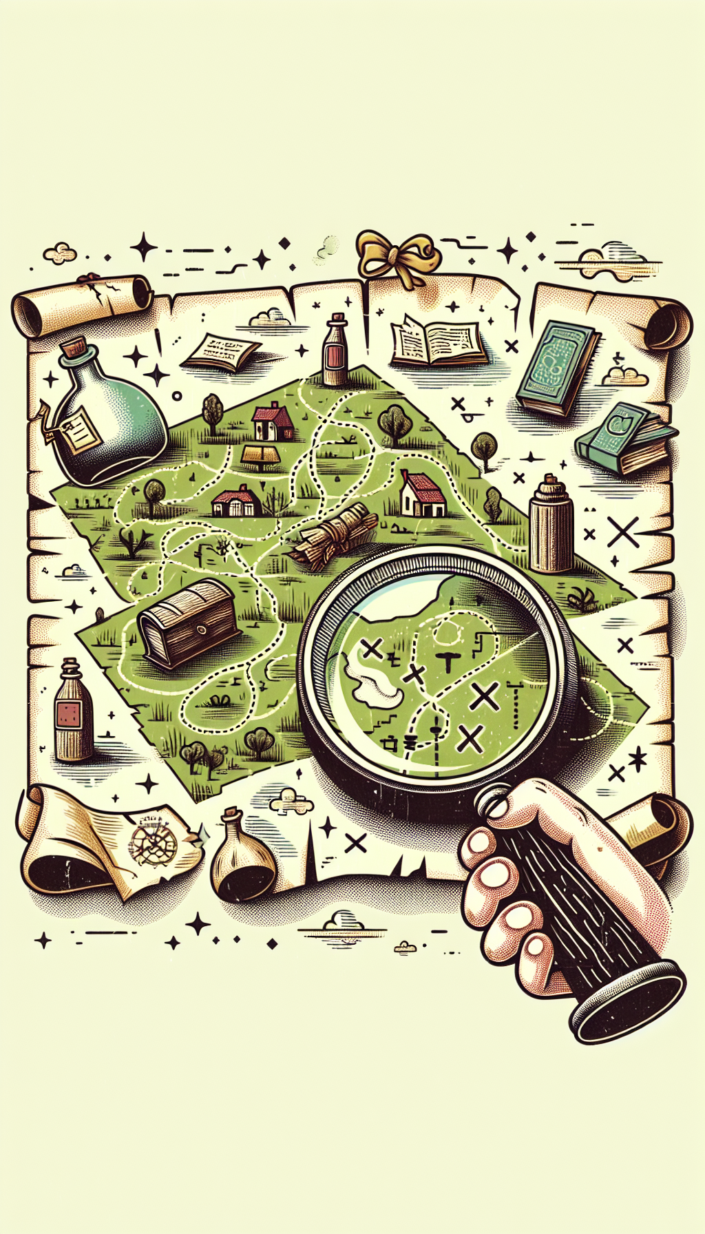 A whimsical illustration features a vintage treasure map unfurling across the page, with X marks spotlighting various terrains like attics, flea markets, and old farmhouses. An antique bottle magnifying glass hovers above, revealing intricate details and secrets of the bottles’ pasts, their labels transforming into miniature storybooks and time-worn scrolls that hint at their histories.