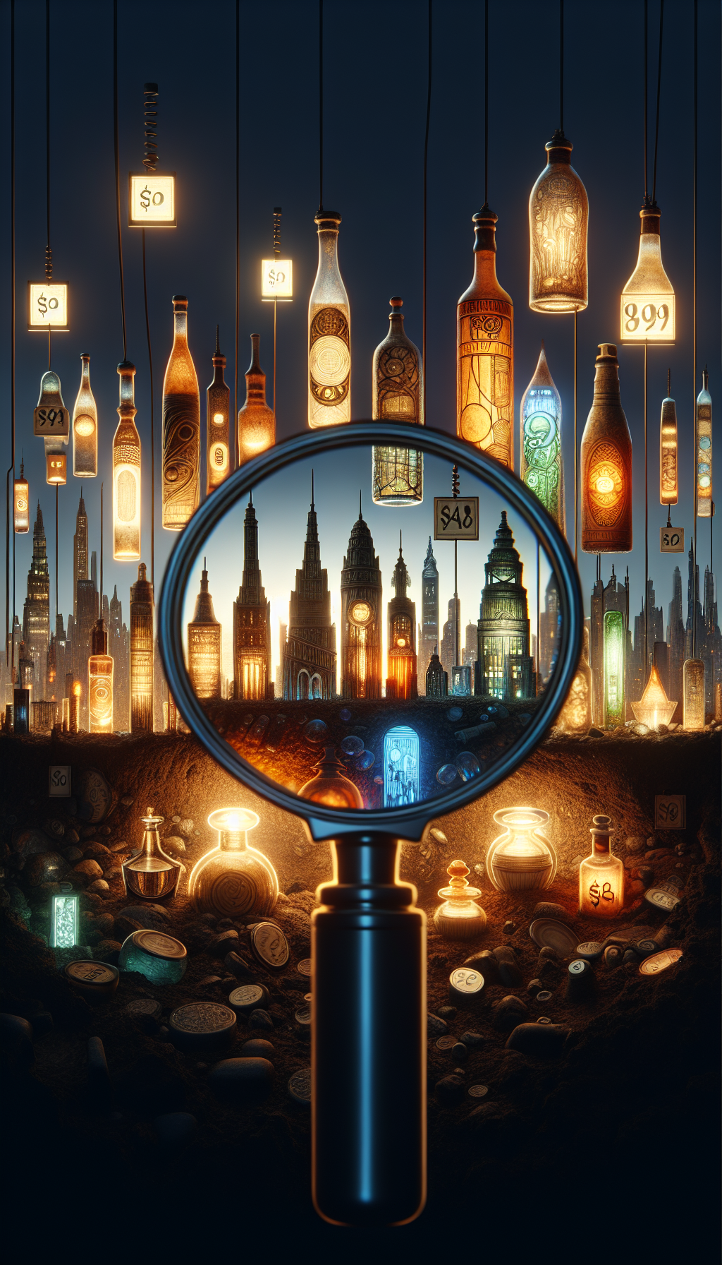 Beneath a magnifying glass, clusters of luminescent antique bottles rise from the soil like a cityscape at sunset, with price tags floating above like clouds, hinting at their value. Each bottle reflects a distinct artistic style—Art Nouveau curves, Art Deco angles, and Victorian ornateness—symbolizing the diverse eras they represent.