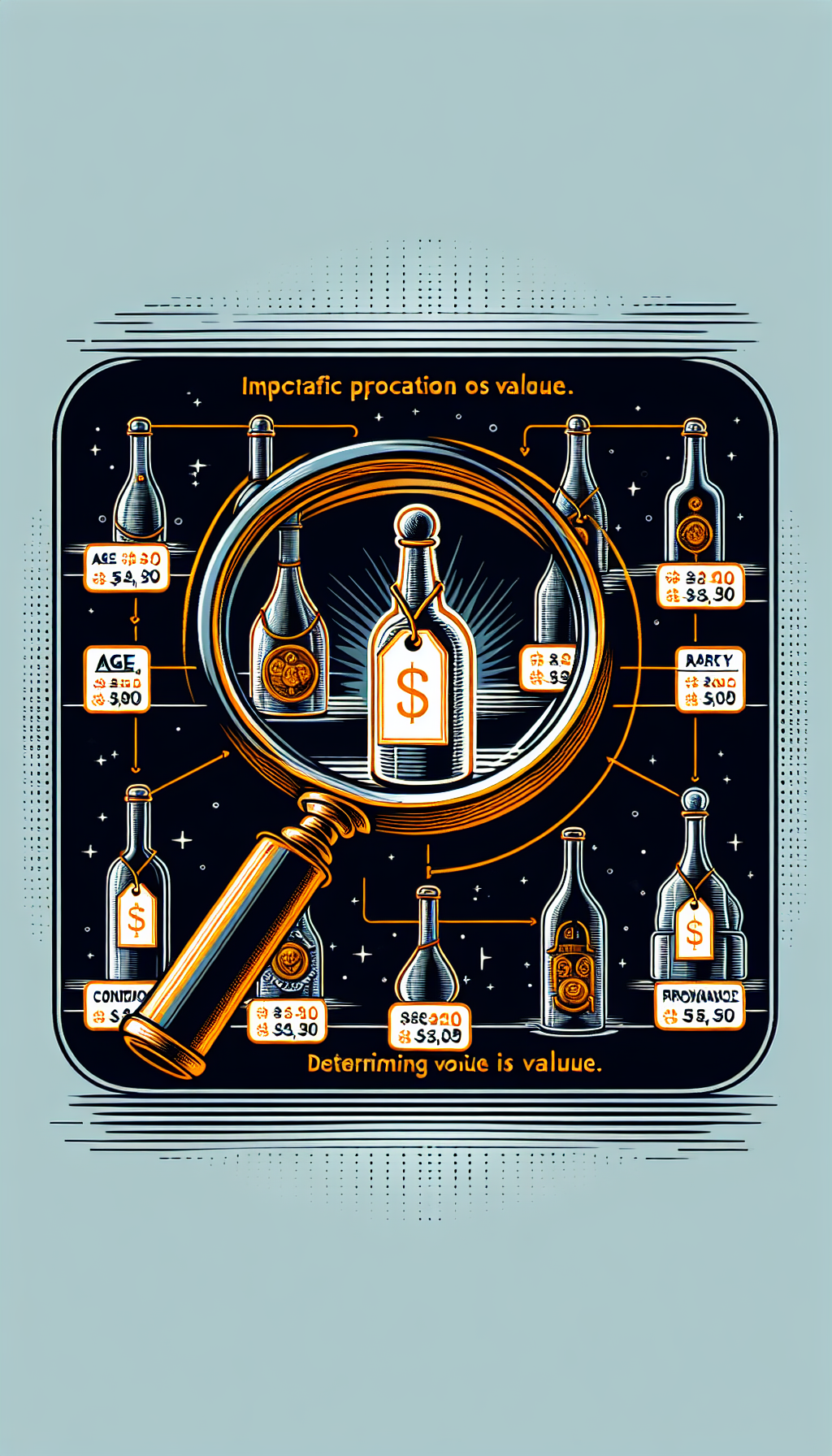 An illustration depicts a magnifying glass scrutinizing a line-up of antique bottles, each labeled with key factors like "Age," "Rarity," "Condition," and "Provenance." Beneath them, a shimmering price tag increases as the magnifying glass moves towards the right, visually assessing and amplifying the bottles' worth, tying together the meticulous appraisal process and the value of antiques.