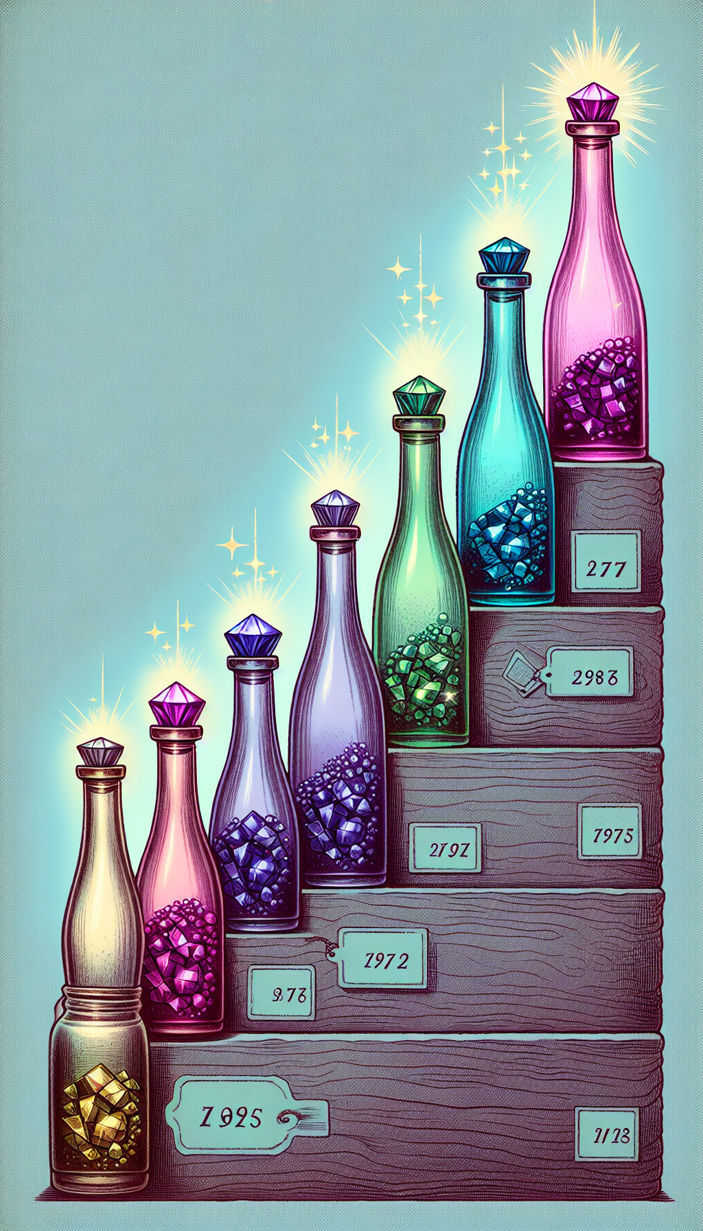 An illustration depicts an ascending row of antique bottles, each tinted with a gradient representing the color spectrum from common aqua to rare amethyst. As the bottles ascend, they transform into precious gems, with the rarest at the peak emitting sparkles, symbolizing their high value, while a price tag attached to each bottle displays increasing amounts.