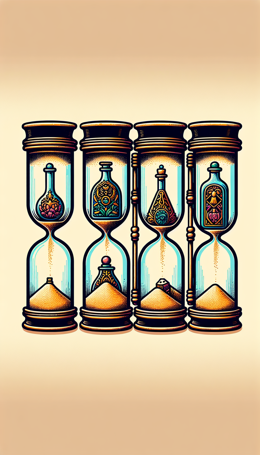 An illustration depicts a whimsical hourglass, with each segmented chamber shaped as an iconic bottle from different historical eras: Victorian, Art Deco, etc. Fine lines and radiant colors differentiate each section's style. Inside, instead of sand, miniature treasures representing the era's culture flow through, highlighting the intrinsic value of antique bottles across time.