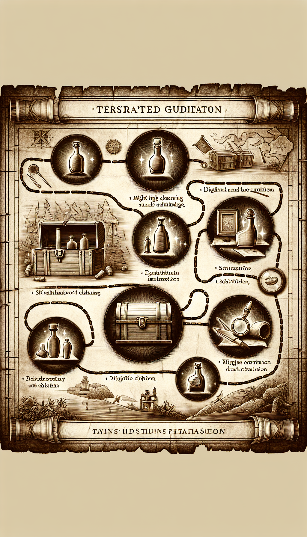 An illustrated sepia-toned treasure map unfurls across the image, the path marked by various stylized antique bottles, culminating in a gleaming chest labeled “Value.” Integrated along the path are small vignettes depicting maintenance tips like gentle cleaning, proper display, and documentation, symbolized by tiny brushes, protective cases, and magnifying glasses examining the bottles’ unique characteristics.