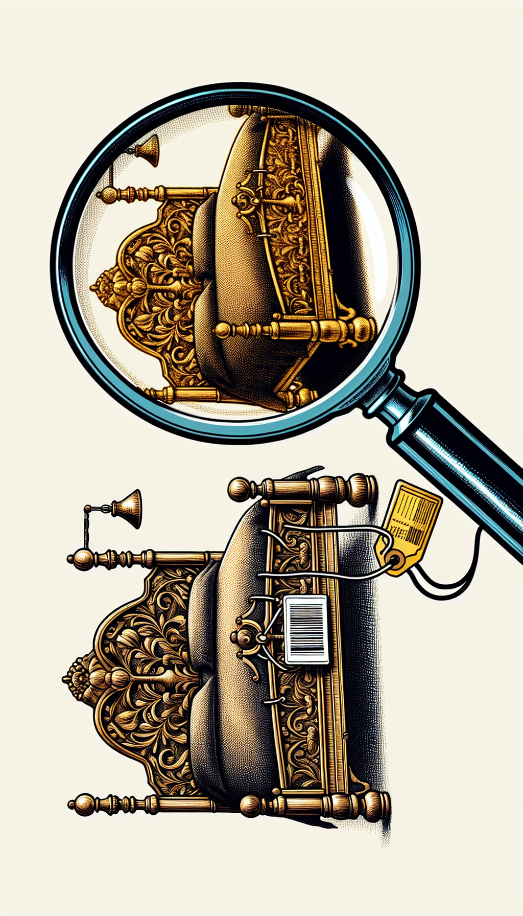 An illustrated magnifying glass hovers over a brass bed, dividing the image; on one side, the pristine, detailed filigree of an authentic antique bed shines, value tags hanging off the frame, while on the other, a dull, less intricate reproduction with a barcode sticker. The magnifying glass reveals hidden expert marks that distinguish genuine value from an imitation.