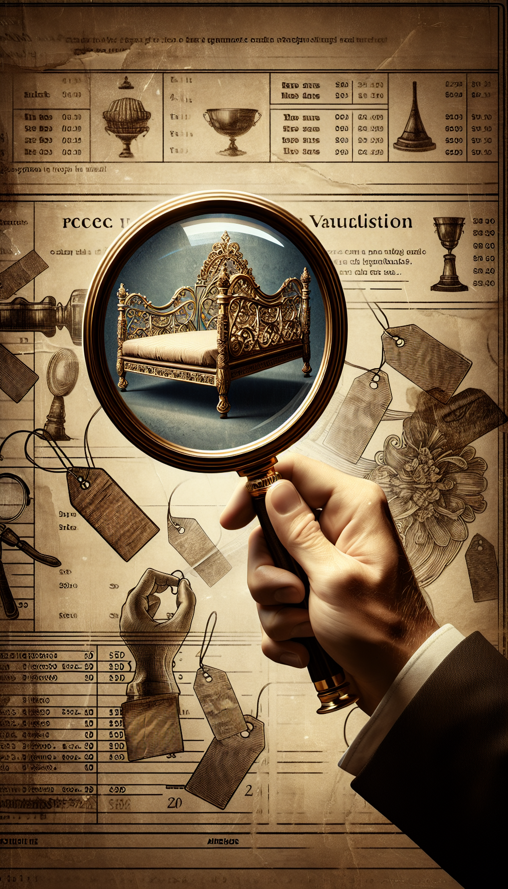 An elegant illustration depicts an appraiser's magnifying glass zooming in on intricate details of an antique brass bed, where reflections of price tags within its lens transition into ornate brass filigrees. The background showcases faded pages of valuation techniques, subtly merging the essence of expertise and the rich heritage that defines the bed’s true worth.