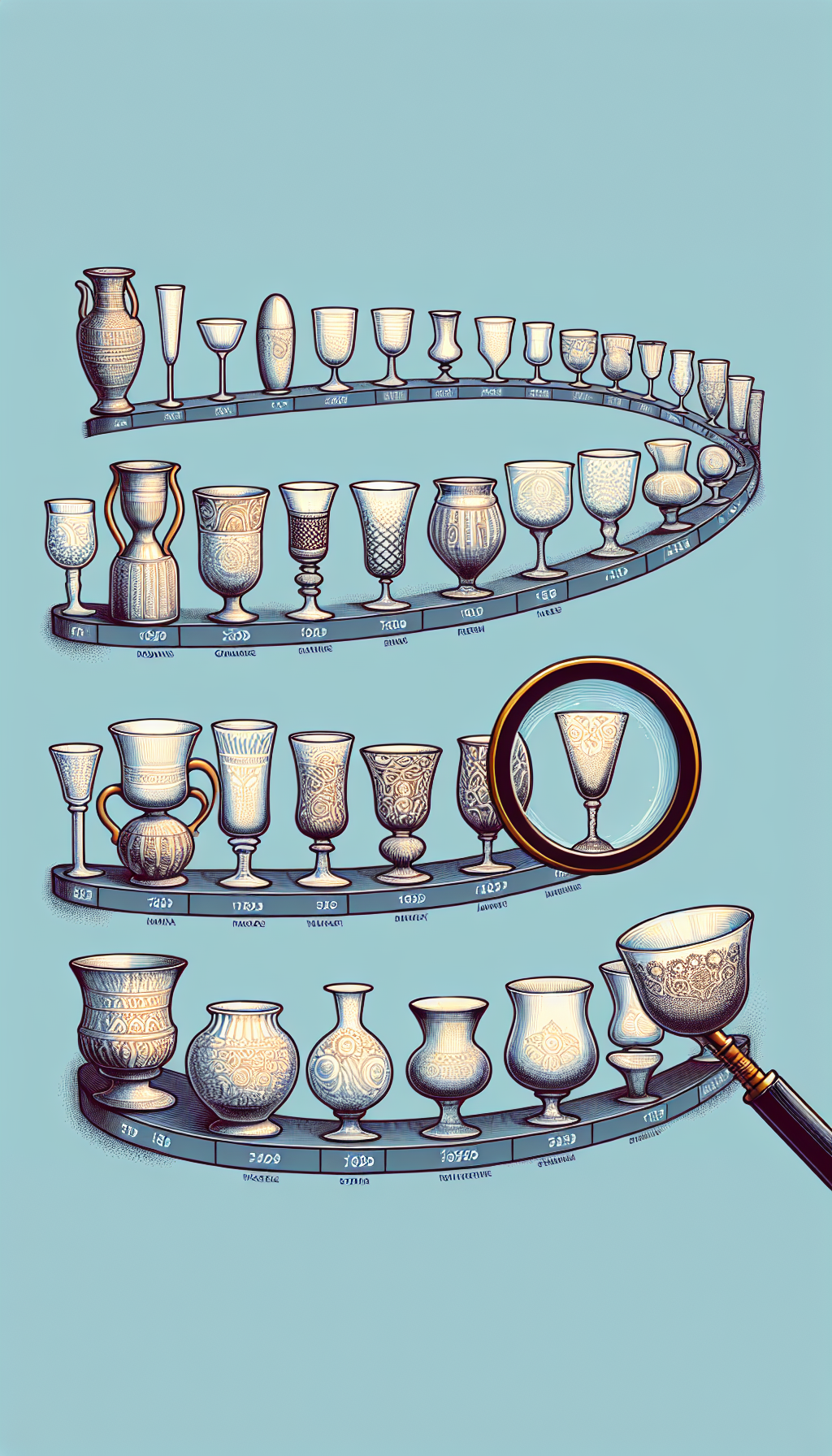 An illustrated timeline flows gracefully, morphing through various historical glassware shapes—starting from ancient Phoenician vases and effortlessly transitioning to Roman goblets, medieval beakers, and finishing with Victorian cut crystal. Each piece has a magnifying glass hovering over, revealing intricate patterns or maker's marks, symbolizing the detective work of antique glassware identification.