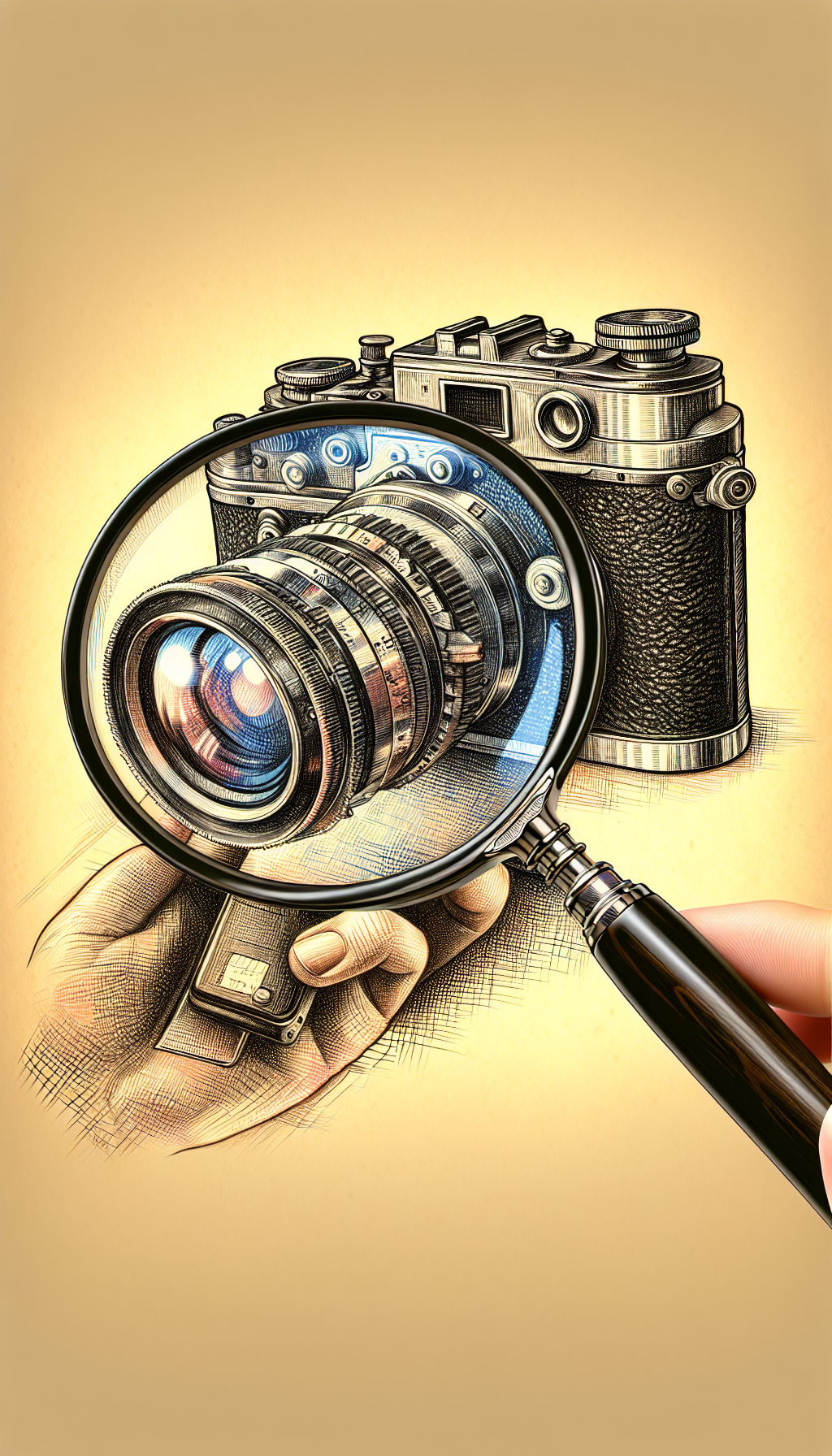 An illustrated magnifying glass hovers over an antique camera, revealing detailed imagery of its worn textures and unique features in the lens reflection, with a subtle price tag hanging from the camera that glimmers as if to suggest the hidden value in its vintage charm. The image is a collage of pencil sketches and vibrant, digital colors, juxtaposing old with new.