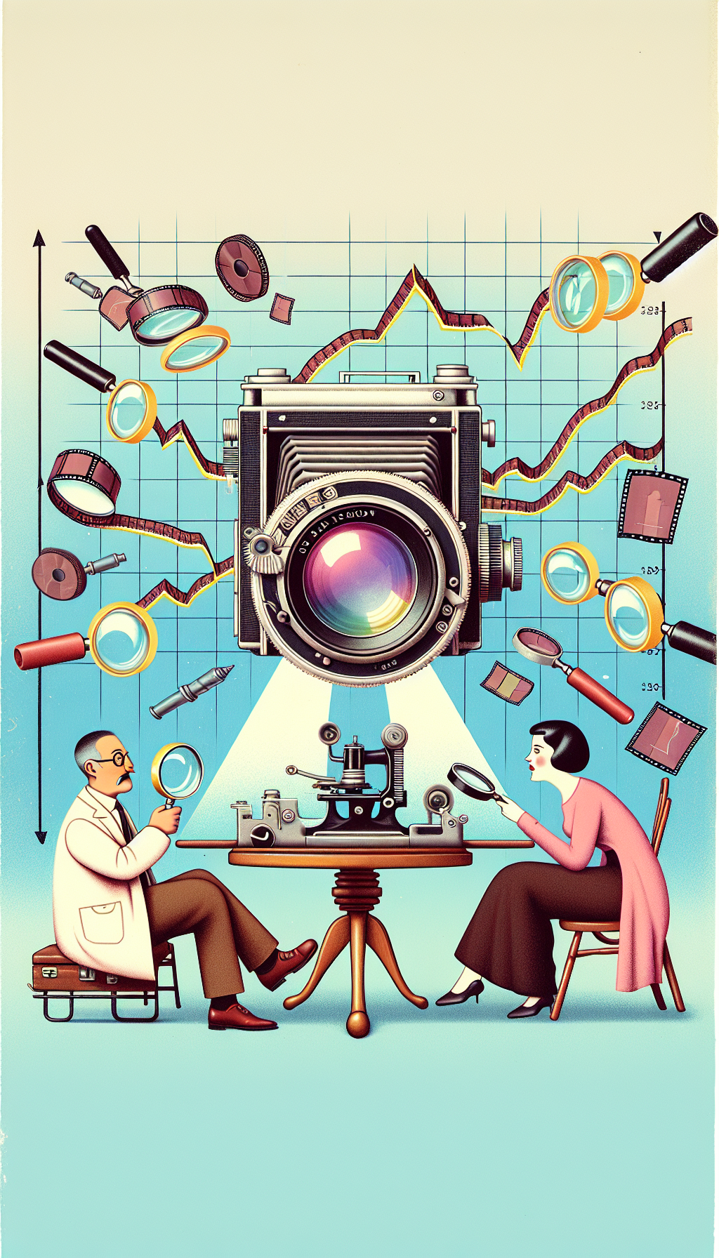 A whimsical, pastel-colored illustration depicts an antique camera atop a soaring graph line made of film strips, with magnifying glasses peering in and little caricatured experts debating beneath. A scatter of vintage price tags floats around, symbolizing fluctuating market values, while the camera lens reflects ephemeral market trend data.