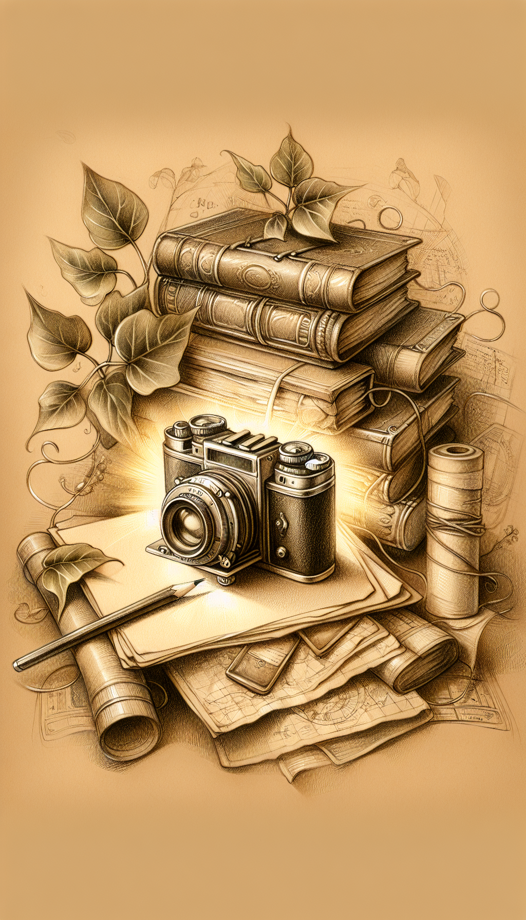 An intricate, sepia-toned pencil sketch with occasional watercolor accents illustrates an antique camera perched atop a stack of timeworn journals and maps. Delicate lines trace its silhouette, while a golden, shimmering aura radiates from it, symbolizing its value. Entwined ivy leaves, representing the passage of time, frame the camera, with a faded provenance certificate nestled discreetly behind.