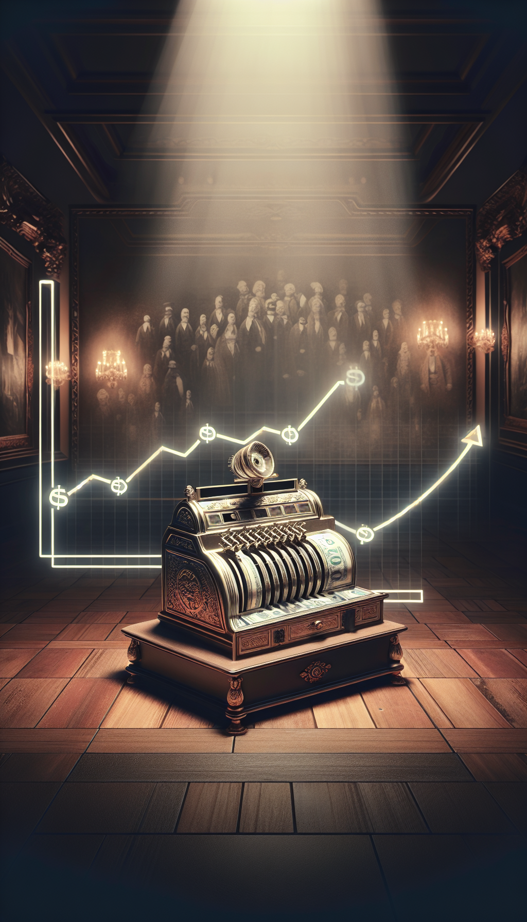 An ornate antique cash register sits atop a pedestal, its brass details glowing under a spotlight amidst a dark, museum-like setting. Beside it, a translucent, ascending chart overlaid with dollar signs suggests its growing value over time. The backdrop features faint, ghostly silhouettes of historical figures exchanging goods, linking past commerce to the register's enduring legacy.