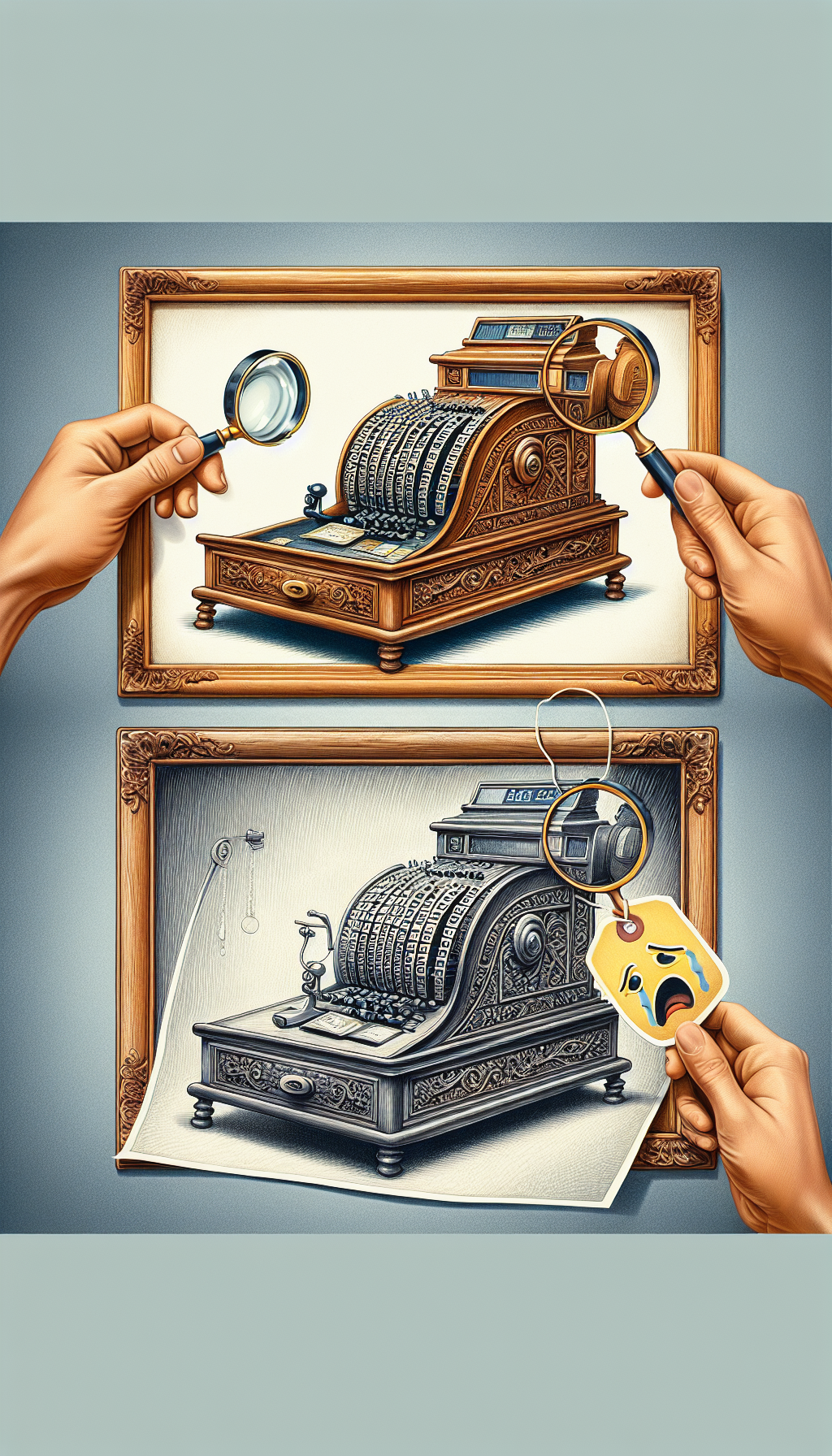 An elegantly drawn split-frame illustration where one side depicts a finely detailed, pristine antique cash register with a magnifying glass focusing on its exquisite craftsmanship, while the other side shows the same model in a neglected state with visible rust and damage, a price tag hanging off it with a significantly lower value to represent its condition.