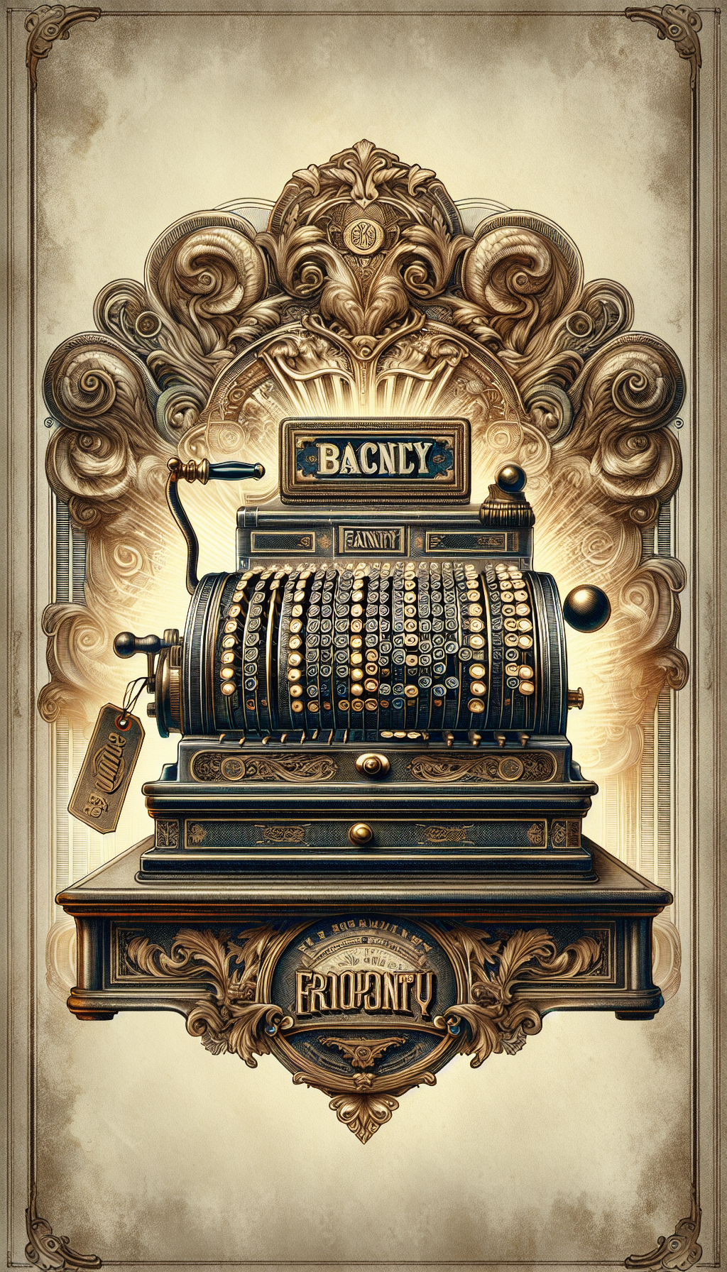 A sleek, vintage-style illustration showing a regal, ornate antique cash register, with brand emblems etched in gold, sitting atop a pedestal. Surrounding it, ghostly echoes of prestigious manufacturer logos envelop the machine in a soft glow, while a price tag swings from the register's handle, subtly implying its high value due to the brand mystique.