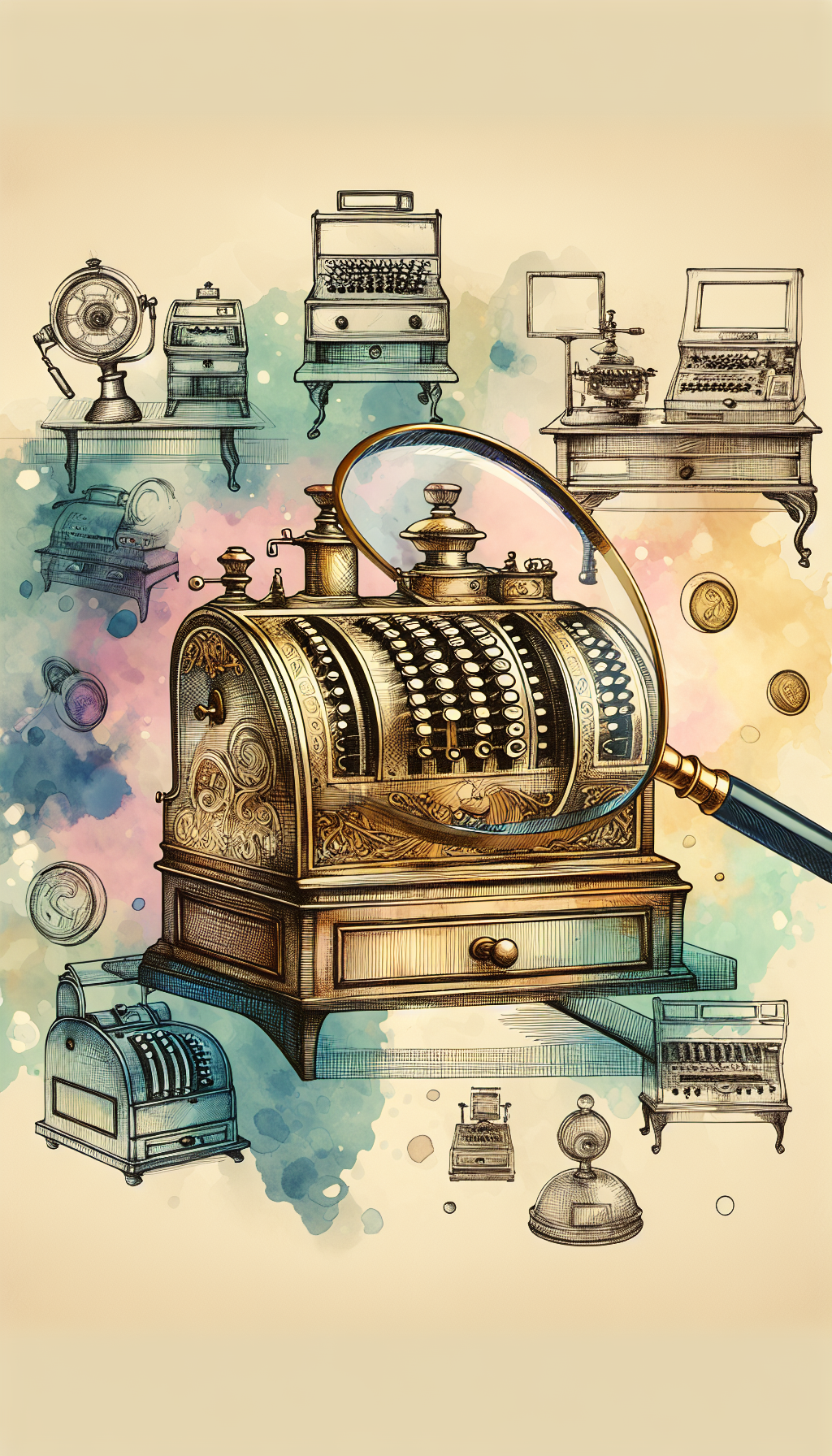 In a whimsical fusion of line art and watercolor, an ancient, ornate cash register sits atop a pedestal, its brass details gleaming against a soft-hued backdrop. Around it, ghostly outlines of rarer models and unique features float like treasures, with price tags depicting their collectibility. A magnifying glass highlights the intricate craftsmanship that underpins their desirability.