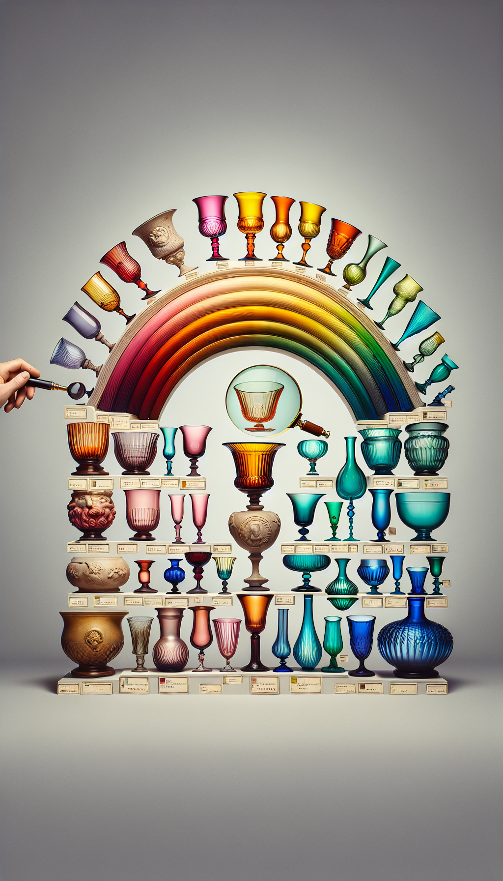 An elegant cascade of antique glassware, each piece a different hue from the vintage spectrum, is arranged in a graceful arch that mimics a color wheel. Faintly labeled beneath each piece are their historical periods, with a magnifying glass hovering over a Roman goblet, subtly emphasizing the theme of identification amidst the vibrant array of antiquity's colors.