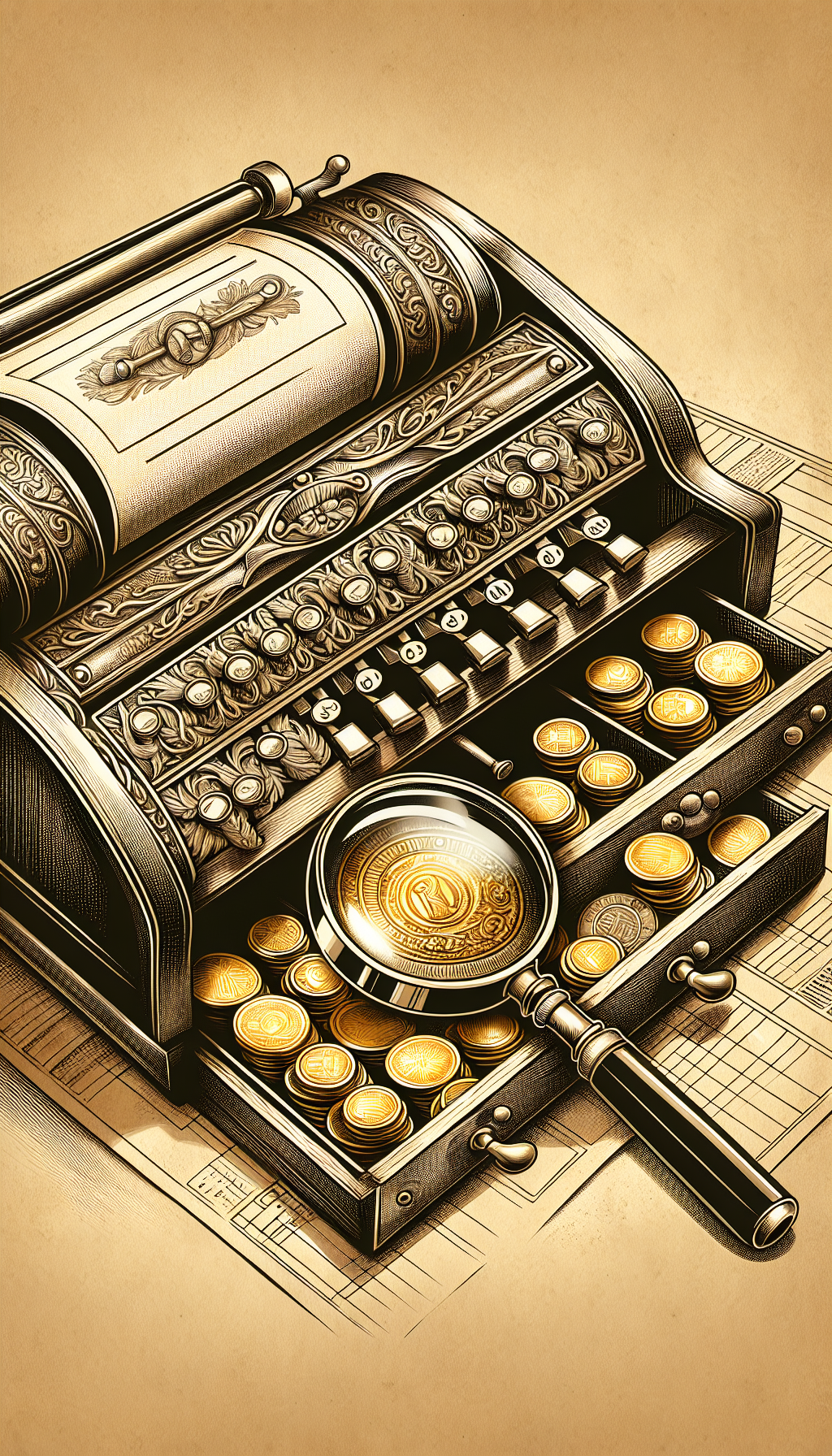 An illustrated antique cash register with intricate engravings sits atop a vintage appraisal document, magnifying glass hovering over. Its cash drawer is partially open, revealing glowing golden coins and a jeweler's loupe inspecting a hidden hallmark. The image is styled in sepia tones with crisp line art detailing, symbolizing the merging of historical value and expert evaluation.
