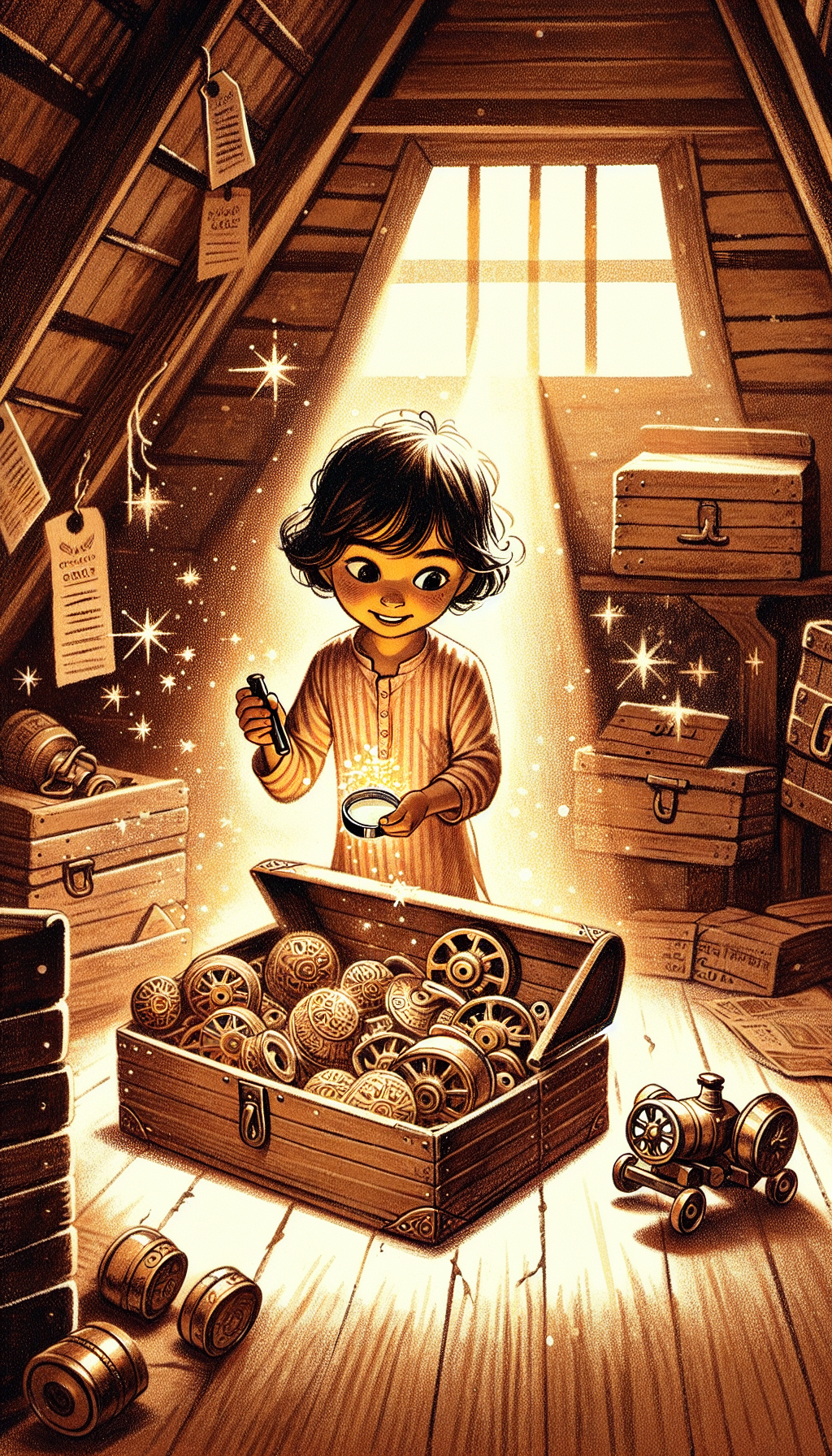 A sepia-toned illustration depicting a child-like figure with a magnifying glass, kneeling in an attic, dust particles dancing in a beam of light. The child excitedly uncovers a chest filled with pristine, shimmering antique cast iron toys, each with a price tag suggesting their high value, blending the excitement of discovery with the allure of antiquity and financial worth.