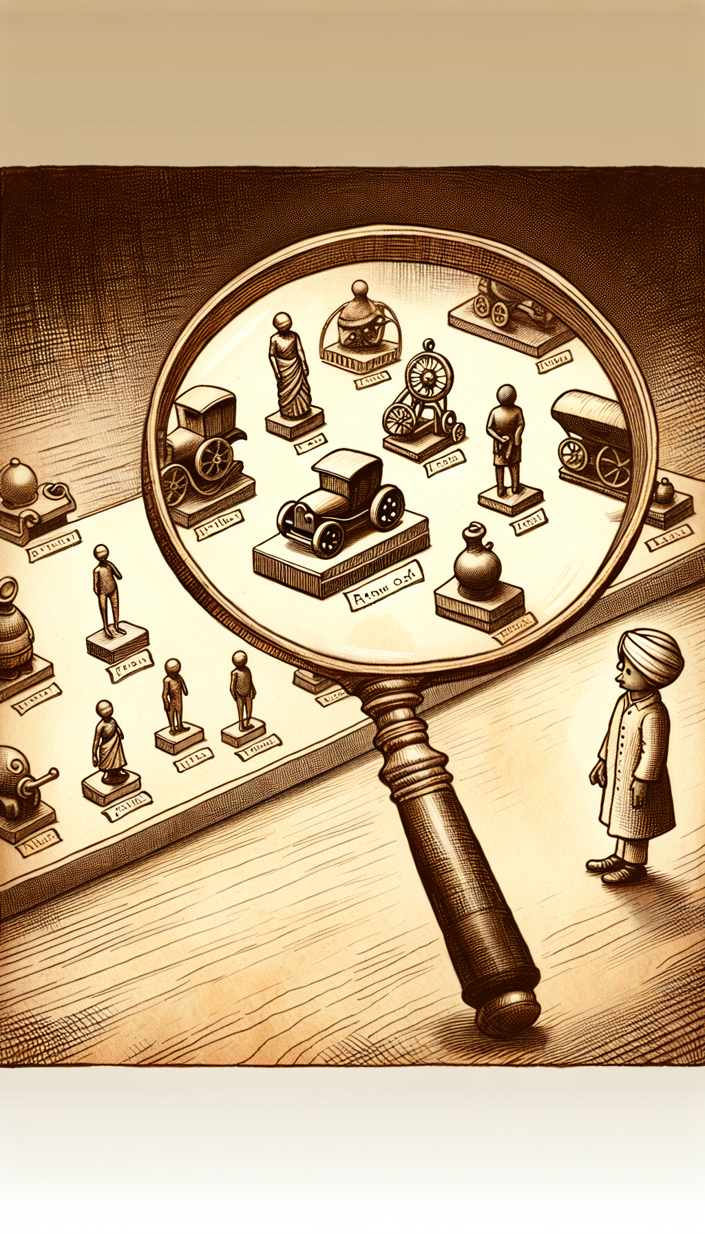 An intricate magnifying glass reveals a whimsical scene within its lens: a miniature appraiser examining a lineup of classic cast iron toys, with their rarity indicated by glowing auras. Each toy is perched on a pedestal labeled with condition grades from 'Mint' to 'Played With,' symbolizing their respective values. The image is rendered in a sepia-toned ink sketch style, infusing an antique aura.