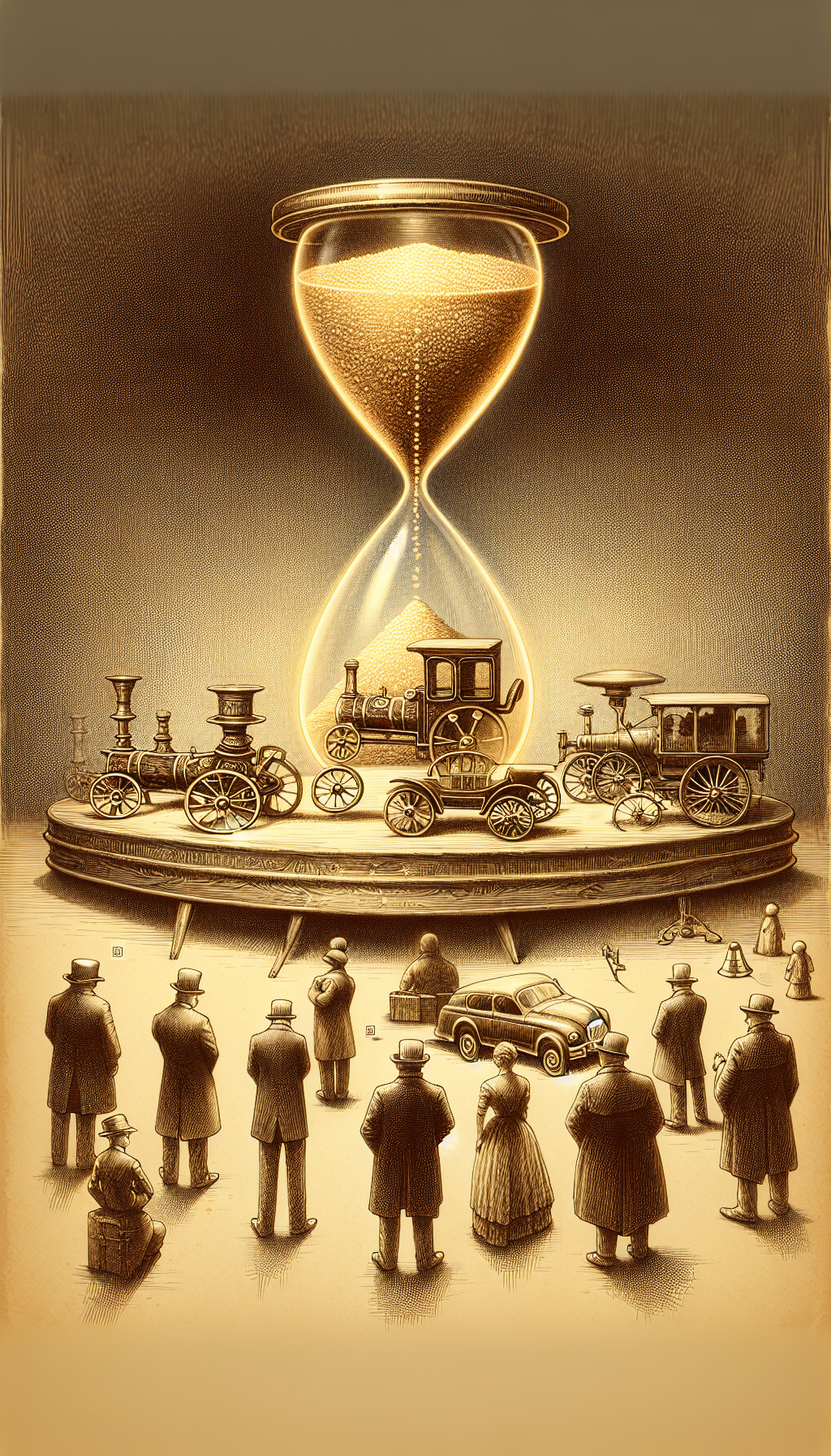 A sepia-toned sketch depicts a vintage auction pedestal, with an array of pristine cast iron toys - a horse-drawn carriage, a classic car, and a steam engine train - each haloed by shimmering price tags that sport escalating values. Overhead, a translucent, ornate hourglass gently spills a golden sand that morphs into a crowd of avid collectors bidding enthusiastically below.