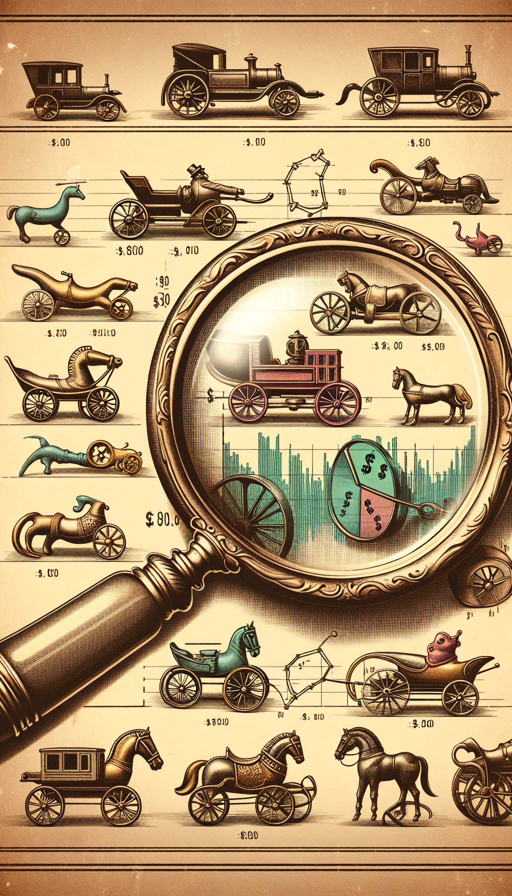 A sepia-toned illustration depicts an antique magnifying glass hovering over a colorful array of vintage cast iron toys, with price tags floating above them. Each price tag shows a graph symbolizing the market value trend. The magnifying glass reflects the toys' key features, with subtle dollar signs etched onto its surface, merging the past with the analytical aspect of collecting.