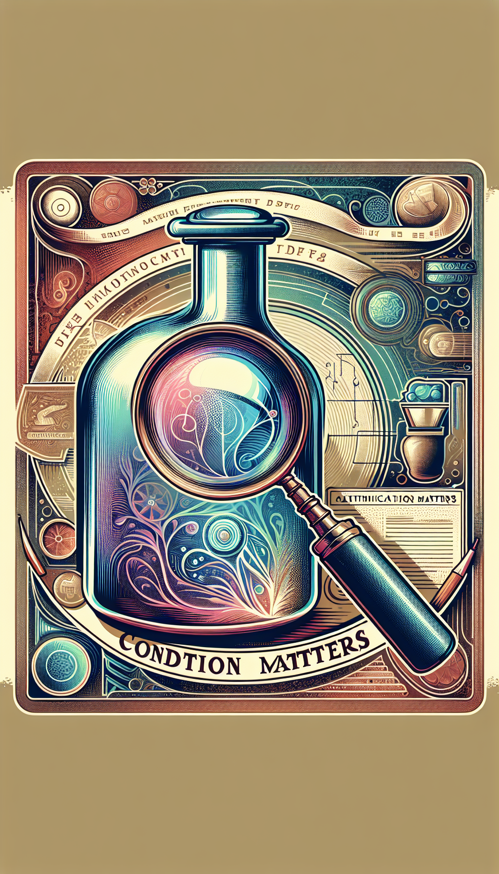 A magnifying glass hovers over a translucent, antique glass bottle revealing a spectrum of colorful, swirling history lines and minute cracks, with authentication stamps floating nearby. The magnifying glass, part Sherlock chic, part vintage etching, contrasts against a hyper-realistic Victorian backdrop, while Art Deco-style text "Condition Matters" arcs overhead, in cameo silhouette, hinting at the era's distinct glass craftsmanship.