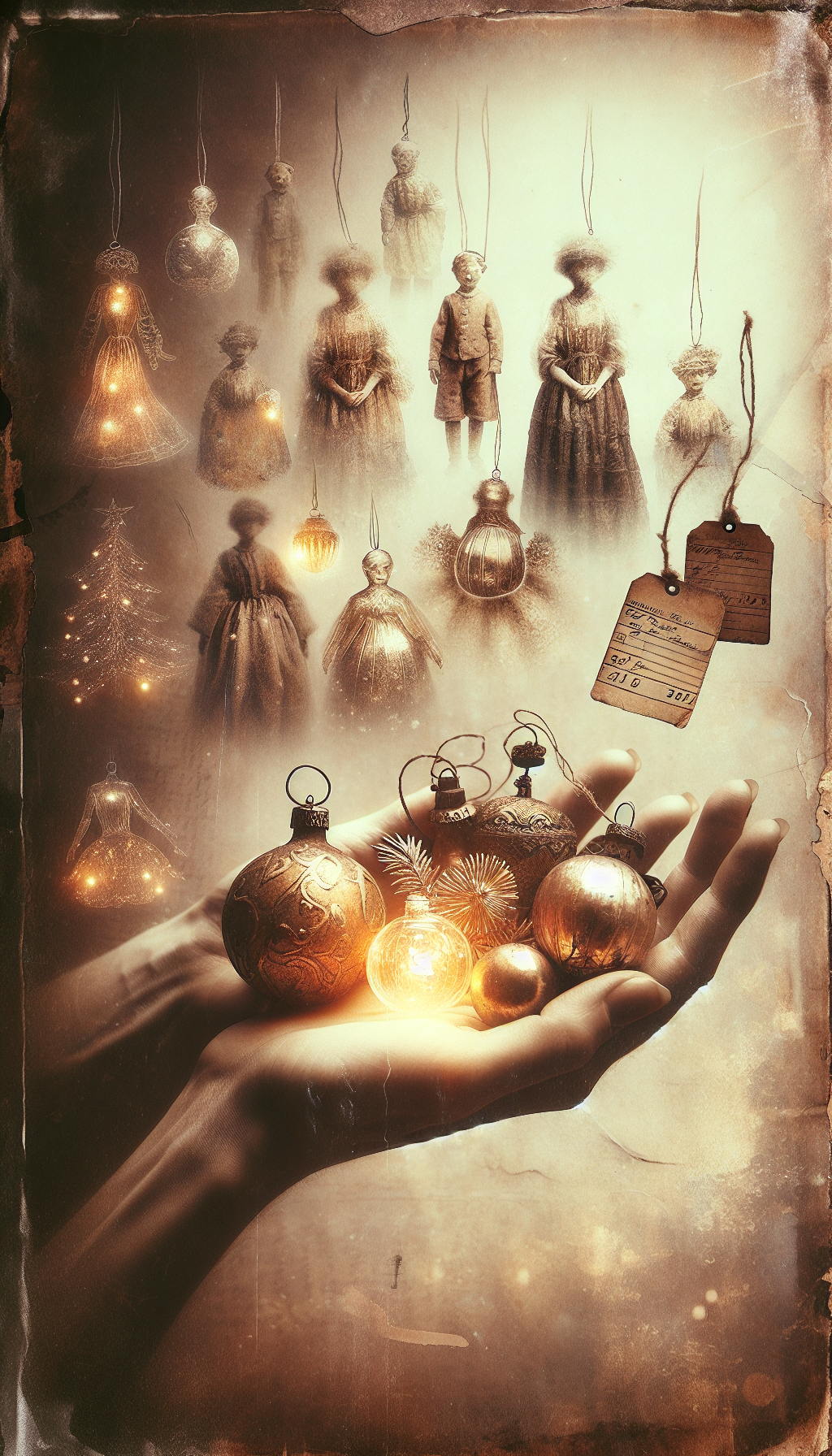 In a whimsical collage of time-worn textures and sepia tones, the illustration highlights a delicate hand cradling an assortment of glowing vintage Christmas ornaments. In the background, a faded price tag dangles from a gilded bauble, while transparent ghostly figures denote past generations admiring the same ornaments, reinforcing the timeless value these antiques hold.