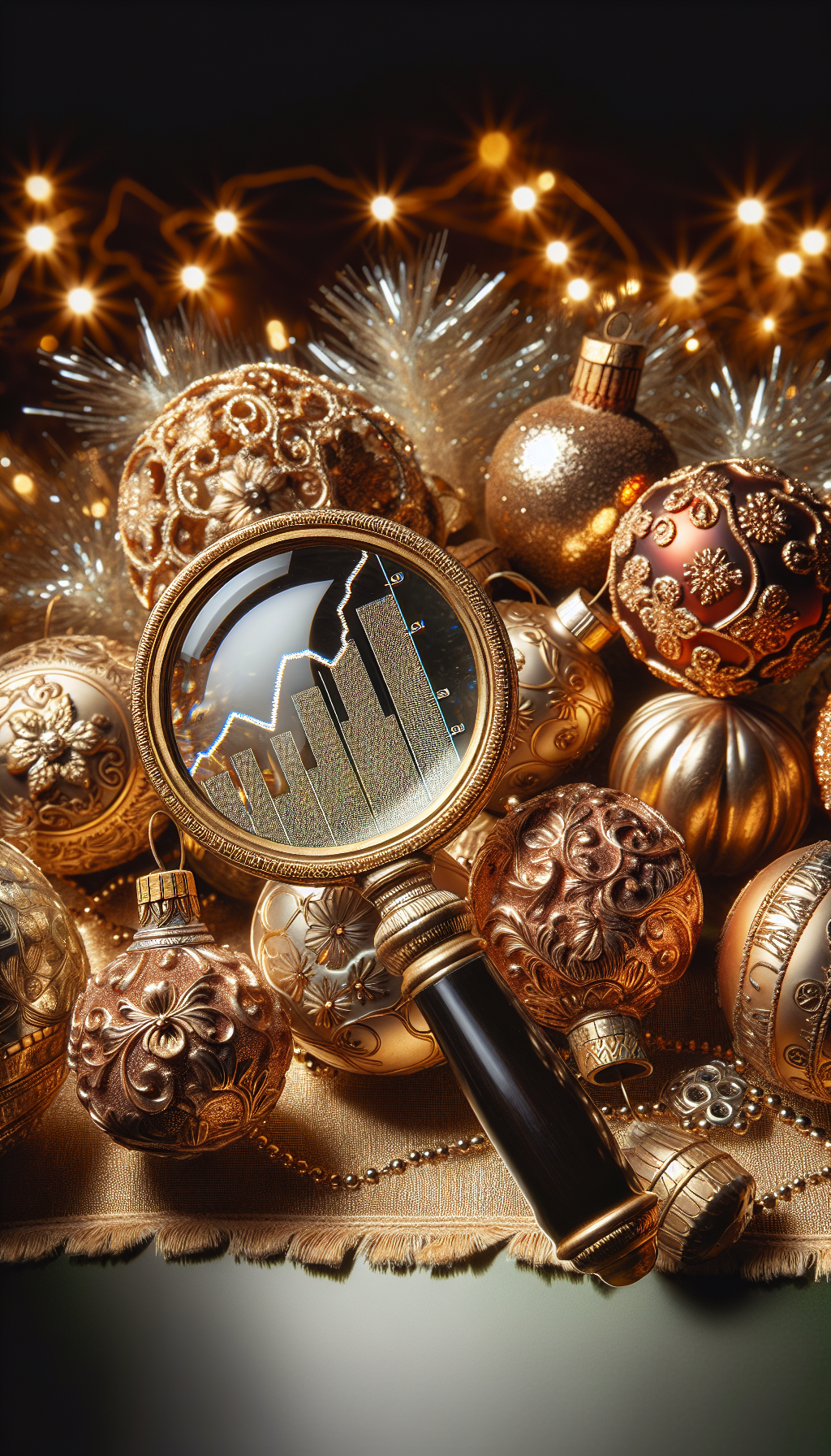 An elegantly aged, golden magnifying glass peers over a shimmering array of classic Christmas ornaments, their intricate, vintage details glowing amidst a backdrop of festive tinsel. The magnifying lens cleverly focuses on a price tag tied to an ornate, filigree bauble, with the reflection revealing an ascending graph symbolizing the rising value of such timeless treasures.