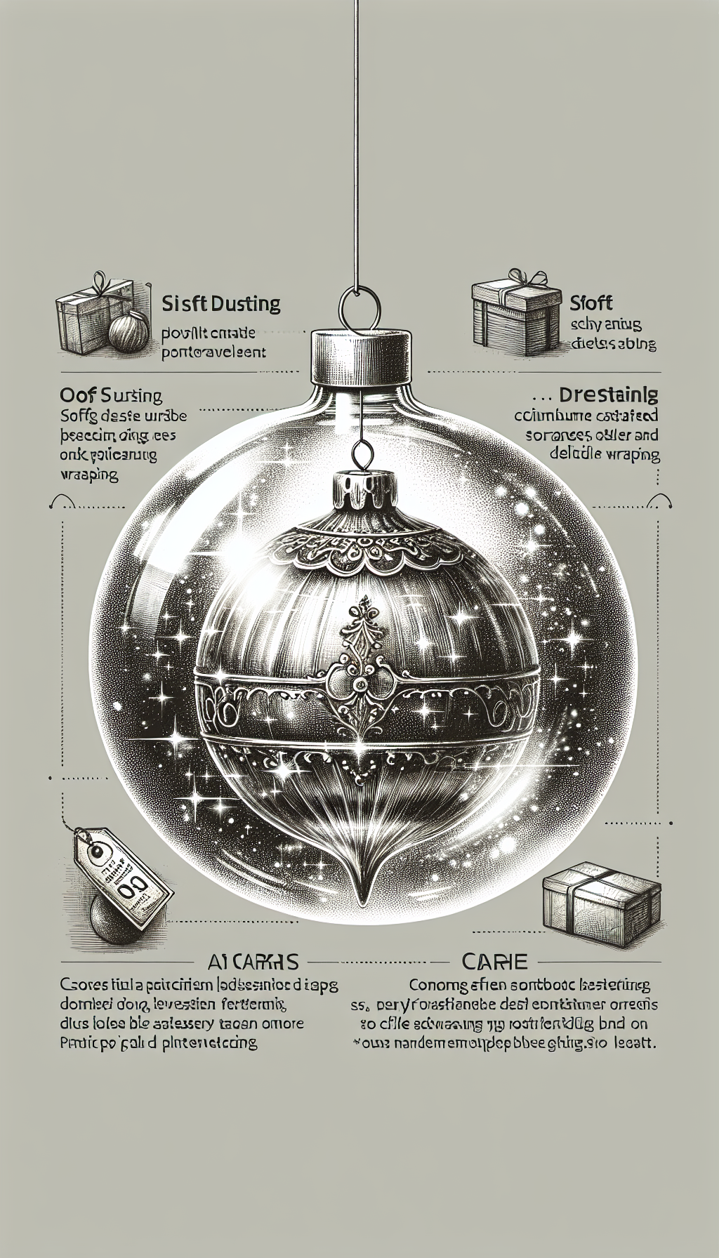 An illustration of an antique, glass-blown Christmas ornament delicately suspended within a shimmering, transparent bubble, symbolizing preservation. The bubble reflects vignettes of care tips—gentle dusting, climate-controlled storage, and tender wrapping—while in the background, a softly focused price tag with a hefty sum underscores the ornament's value. The styles range from photorealistic for the ornament to sketch-style for the care tips.