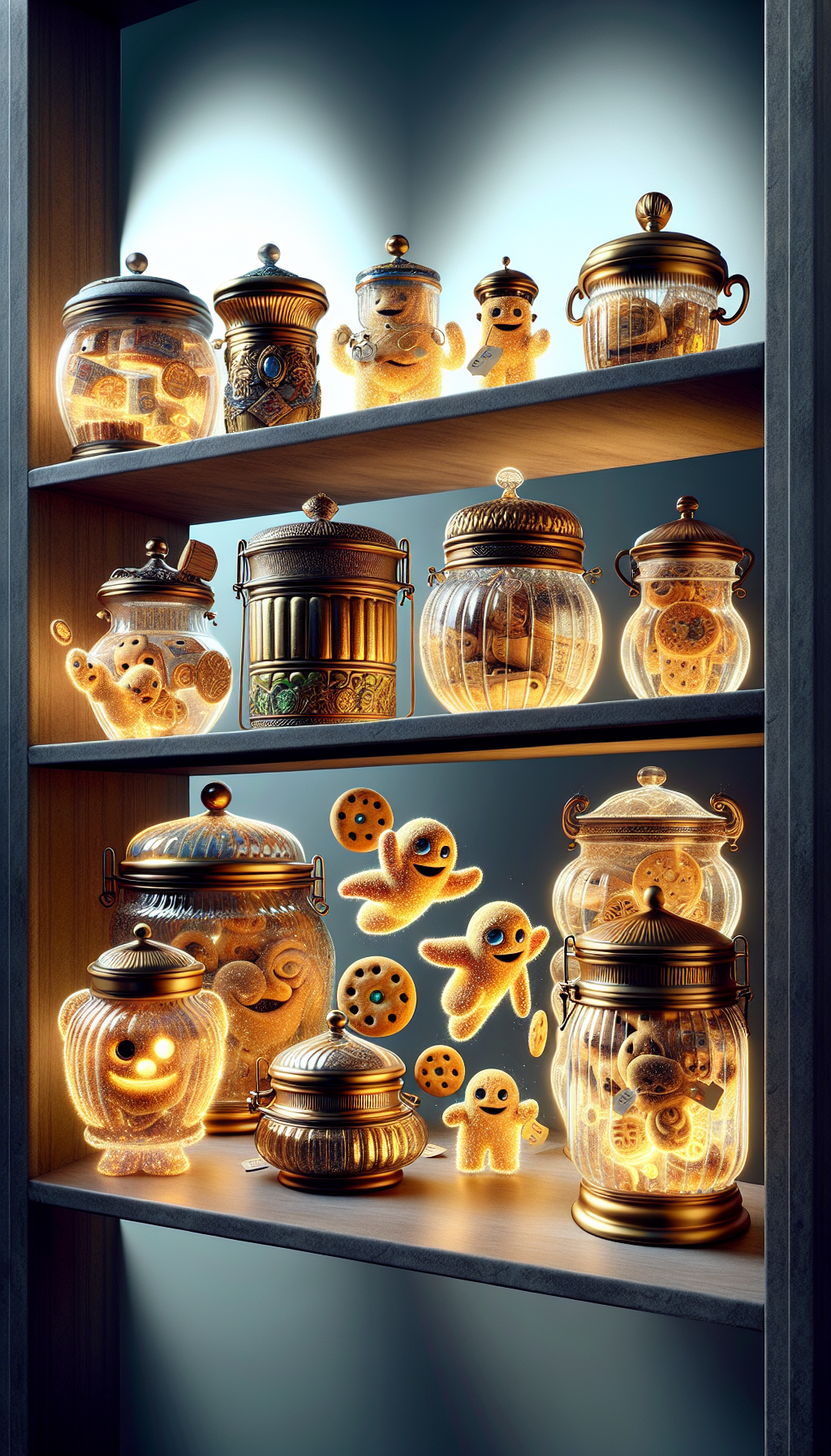 A whimsical cross-section illustration of an antique cookie jar shelf, with jars ranging from Victorian to Art Deco styles, shimmering with a golden glow to signify their value. Each jar lid is ajar with playful, ethereal cookie sprites ascending, holding price tags and magnifying glasses, symbolizing the enchanting allure and the collector’s meticulous hunt for precious, valuable finds.