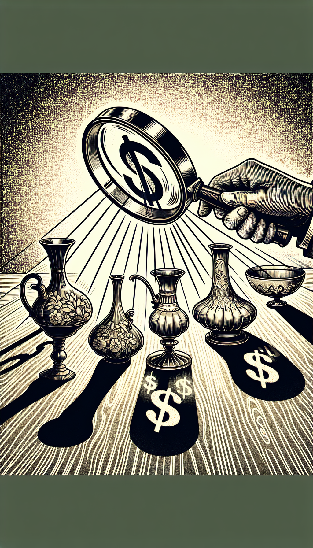 An illustration of a magnifying glass hovering over a collection of antique glassware, with rays of light shining down to highlight unique patterns, maker's marks, and imperfections. The glass pieces cast glowing dollar signs as their shadows, symbolizing their assessed financial value. Styled in a vintage etching technique to complement the antique theme.
