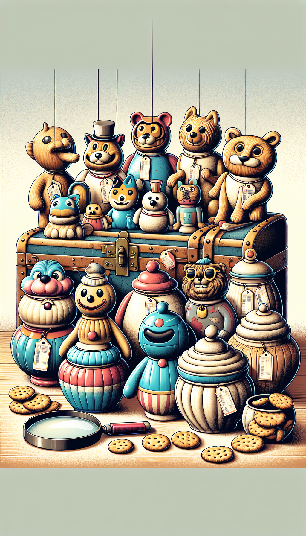 A whimsical illustration featuring an array of nostalgic, anthropomorphic cookie jars of various iconic designs—ranging from vintage animals to classic storybook characters—each with a price tag swing tag, showcasing their individual value. They are perched atop an antique treasure chest overflowing with cookies, with a magnifying glass positioned above, hinting at the appraisal and identification process.