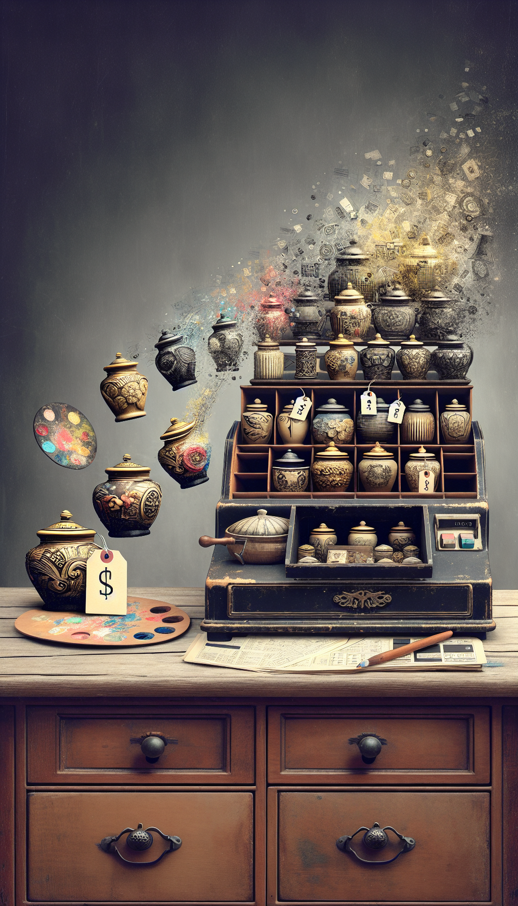 An illustration features an array of antique cookie jars atop a vintage cash register. Each jar is distinct, showcasing intricate designs and labels indicating their unique values. Hovering above them, a stylized price tag morphs into an artist's palette, symbolizing the blend of pricing acumen and selling finesse required to capitalize on these collectibles.