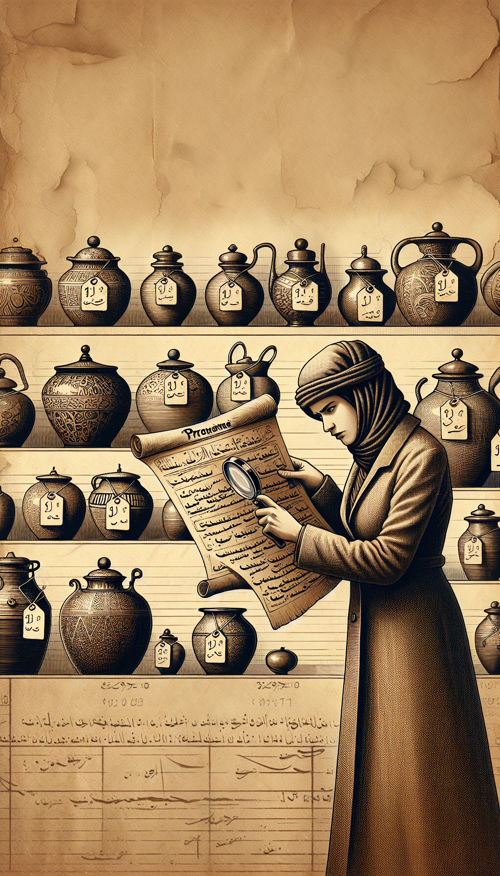 A sepia-toned illustration depicts a detective-themed antiquarian unearthing a trove of vintage crocks, magnifying glass in hand, scrutinizing a faded parchment scroll labeled 'Provenance'. Each crock bears a price tag with symbols of currency, age, and origin. The backdrop is a mosaic of historical timelines, subtly indicating the evolution of crock values.
