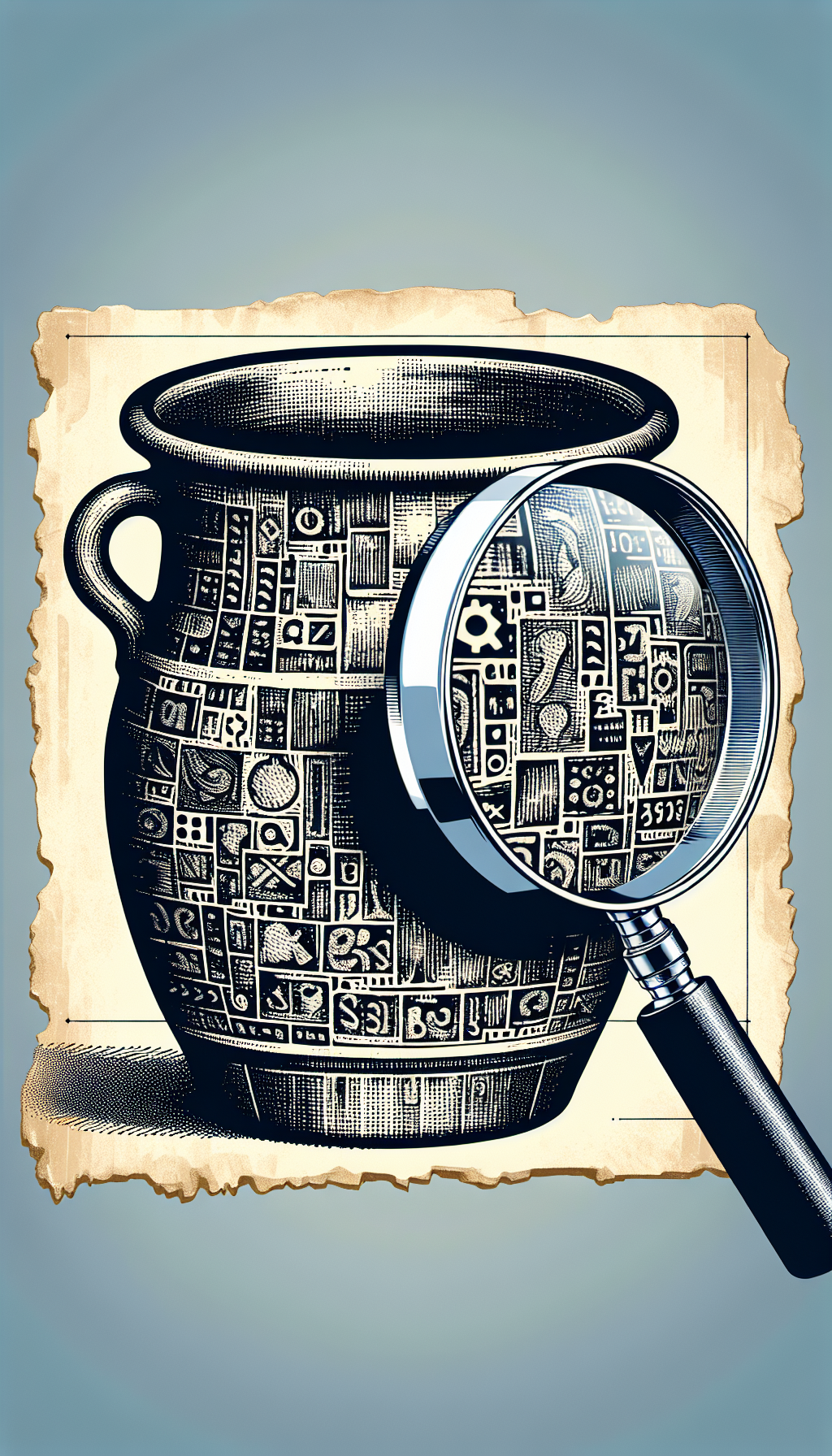 An illustration depicts a magnifying glass revealing hidden marks and stamps on a vintage crock, with different styles of these identifiers subtly transitioning into price tags, signifying the crock's value. The image juxtaposes a classic woodcut for the crock against a sleek, digital style for the magnifying glass and price tags, symbolizing the blend of history and modern-day antique appraisal.