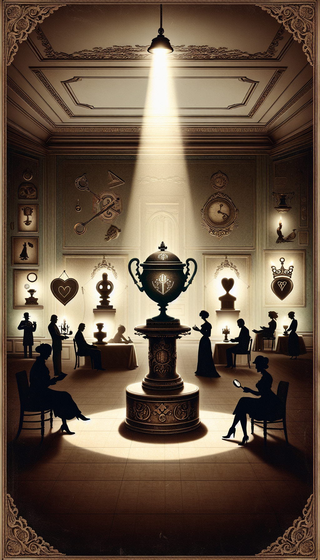 An opulent drawing room with a pedestal, upon which rests a vintage crock glowing like a jewel under a single dramatic spotlight, while a group of silhouetted figures with symbols of money, a heart, and a magnifying glass stand around it, indicating high value, love for collectibles, and the scrutiny of rarity. Vintage filigree marks the edges, emphasizing antiquity.