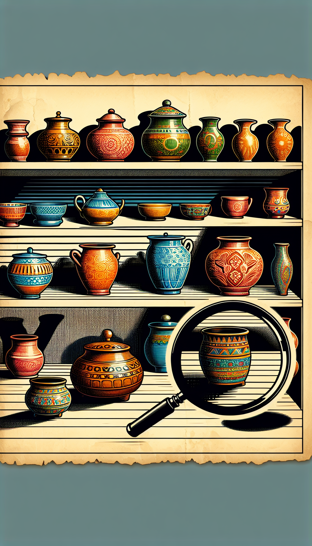 An illustration depicts a shelf of diverse, colorful crocks with intricate glazes and patterns, each casting a shadow that morphs into its estimated value in vintage typography. A magnifying glass hovers over, highlighting the unique features and styles of one standout crock, symbolizing the collector's discerning eye for the aesthetic allure and antique value of collectible crocks.