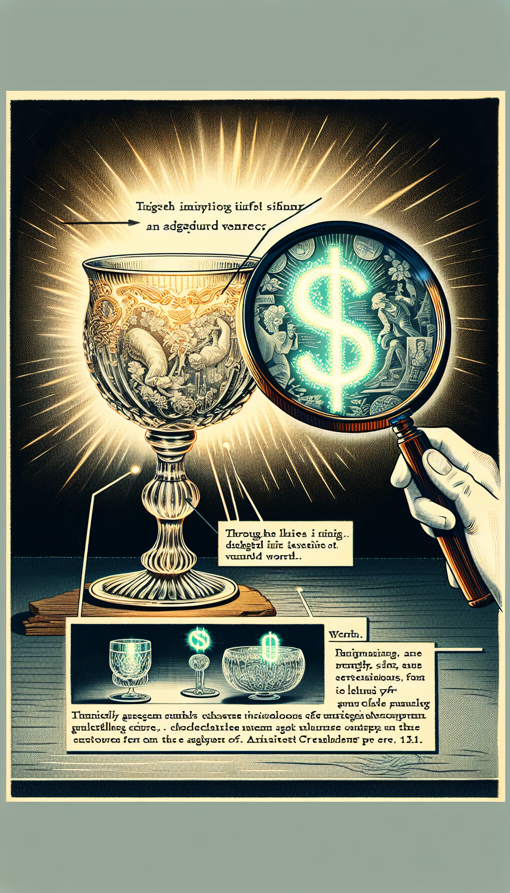 An illustration depicts a magnifying glass revealing hidden inscriptions on a luminous, ornate crystal goblet. The magnified script transitions into shimmering dollar symbols, blending antique charm with the impression of value. Delicate etchings on the glass surface subtly reflect famous artist signatures, emphasizing the treasure hunt for provenance and price in the world of antique crystal collecting.