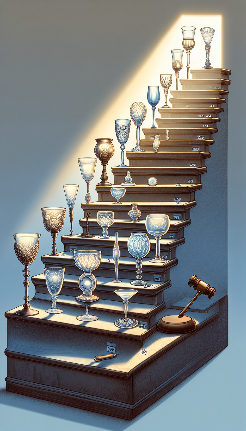 An illustration portrays a whimsical timeline, with elegant antique crystal glasses ascending steps labeled with different historical eras. The oldest and most ornate glass sits atop a pedestal, emitting a soft glow and surrounded by appraising tools like a magnifying glass and an auction gavel, subtly implying its high value. The glass styles vary, embodying the passage of time and value appreciation.