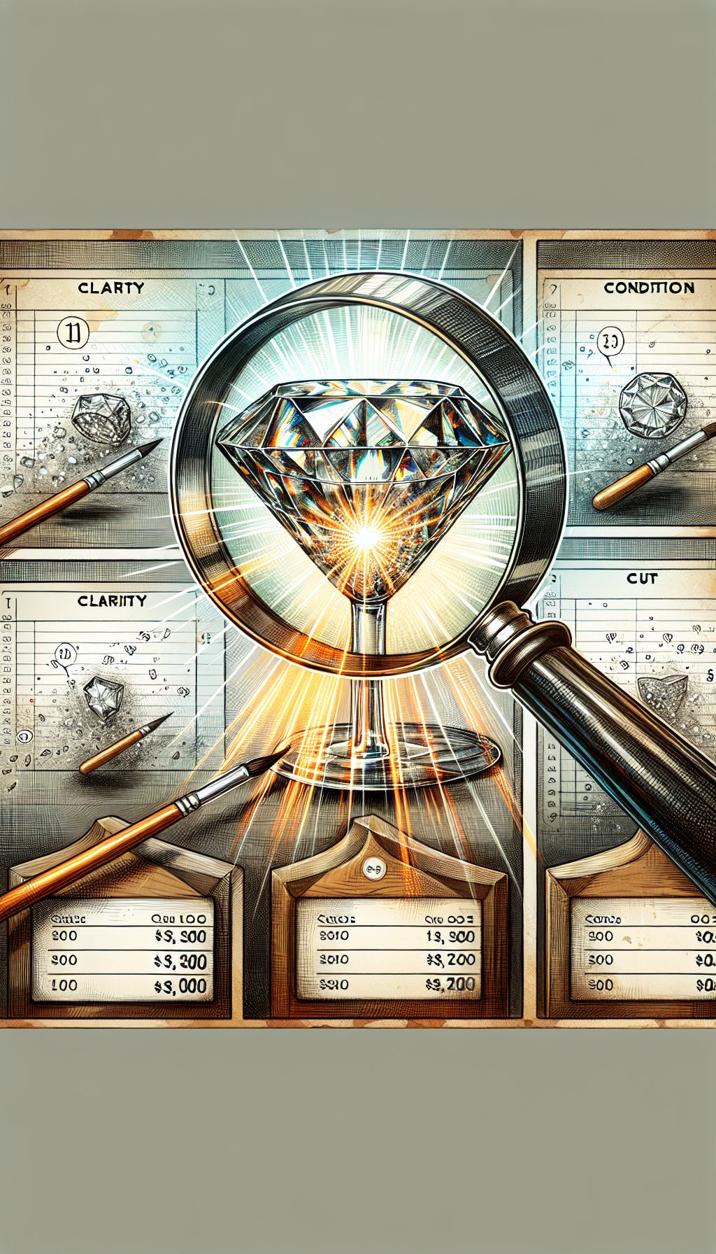 An illustration depicts a gleaming antique crystal glass under a magnifying glass, with each facet labeled "Clarity," "Cut," and "Condition." Light rays scatter through the crystal, landing on three ascending auction paddles with price tags, symbolizing the increase in value based on the quality factors. The background alternates between sketch lines, vivid watercolors, and digital pixels, representing diverse appraisal methods.