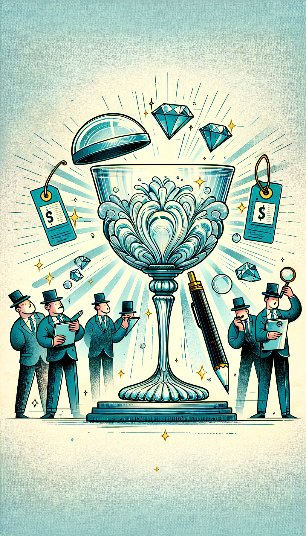 A whimsical illustration depicts an antique crystal wine glass on a pedestal, magnifying glass hovering above it, with glistening light rays revealing hidden patterns. Price tags with increasing sums float upward, alongside expert characters in hats denoting their knowledge, pencil and checklist in hand, assessing the glass's worth, subtly implying the escalating value of the treasured antique.