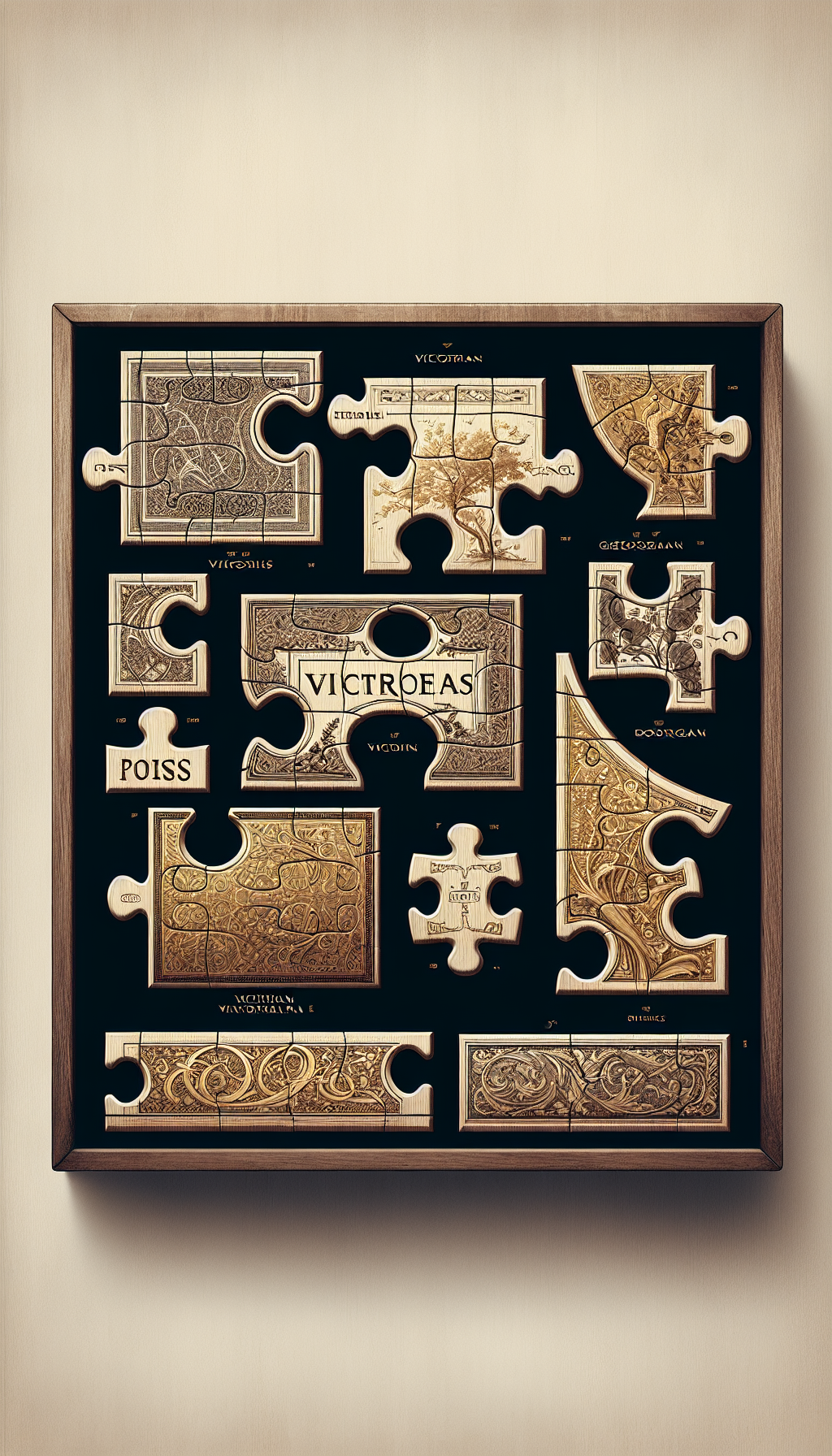 An elegant illustration depicts a half-finished antique desk puzzle, with the missing pieces floating nearby, each adorned with distinct design styles from different eras (Victorian, Georgian, Art Nouveau). Beneath the hovering pieces, golden lines trace to text labels indicating the era, while the completed segments subtly transition in wood grain and patina, symbolizing the increasing value with historical accuracy and age.