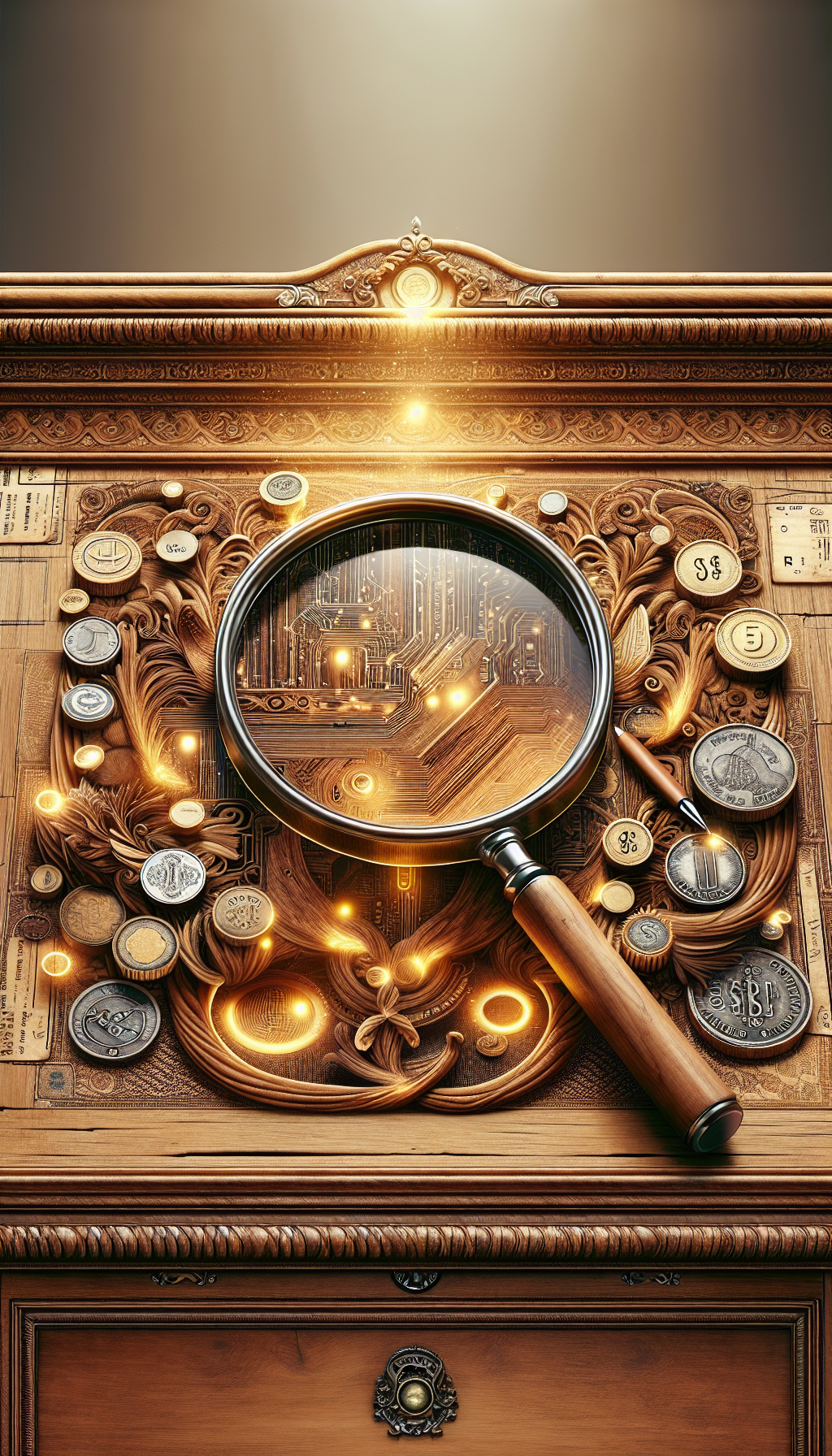 In the illustration, a magnifying glass hovers over an elegant, antique desk, revealing luminous signatures and marks from various famed manufacturers etched in the wood grain. The desk features intricate designs with coins and price tags artistically blended into the embellishments, representing its value. The styles vary from photorealistic wood textures to playful, abstract currency motifs.