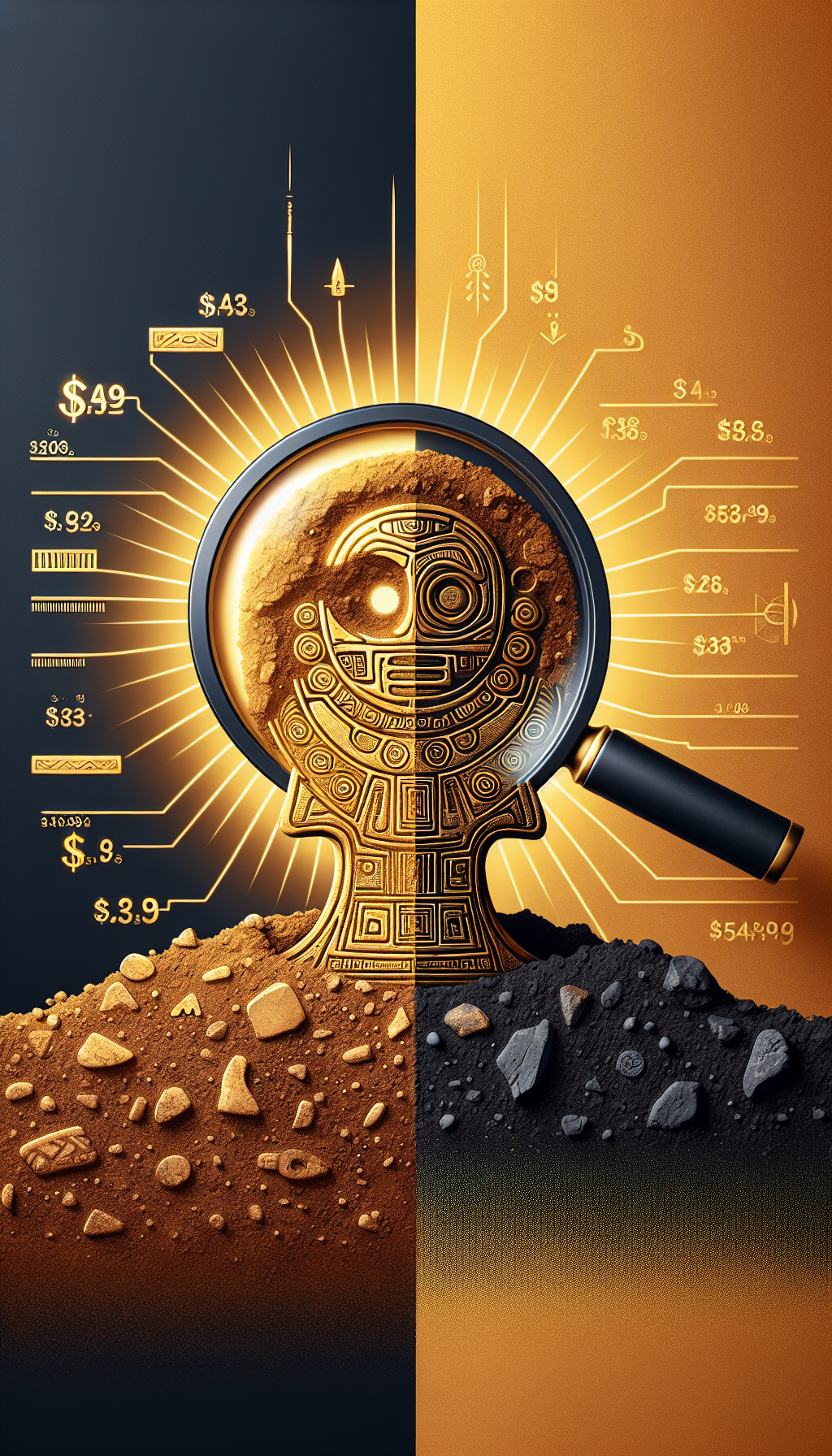 A vibrant, split-style illustration shows a stylized Pre-Columbian artifact half-buried in the ground with a magnifying glass above, revealing a golden glow and a price tag surrounded by auction bids and prestigious gallery logos, contrasting with the other half in a museum display, symbolizing the dramatic rise in value through provenance discovery.