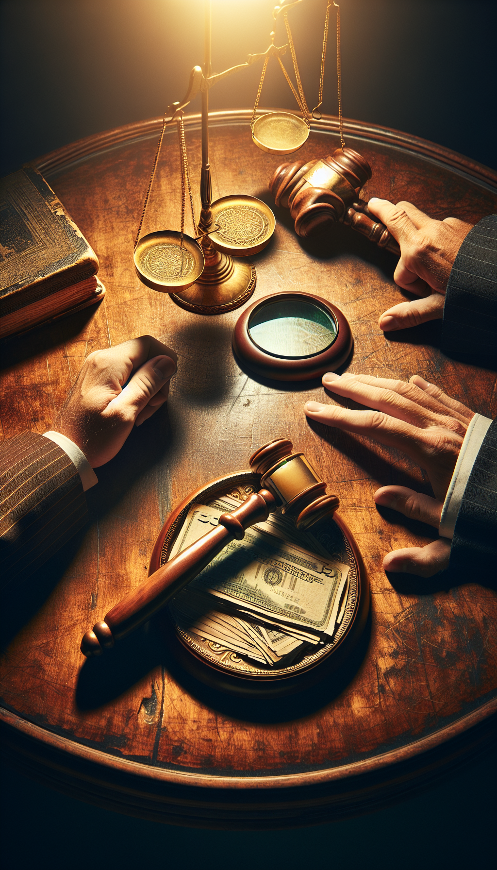 An elegantly aged wooden desk is partially cloaked in the golden glow of an appraiser's magnifying glass. A gavel and a stack of weathered cash sit atop, while a handshake merges from above, casting a distinct shadow of agreement on the desk's surface. The scene captures the moment of sale, blending valuation authenticity with the tangible excitement of a successful antique transaction.