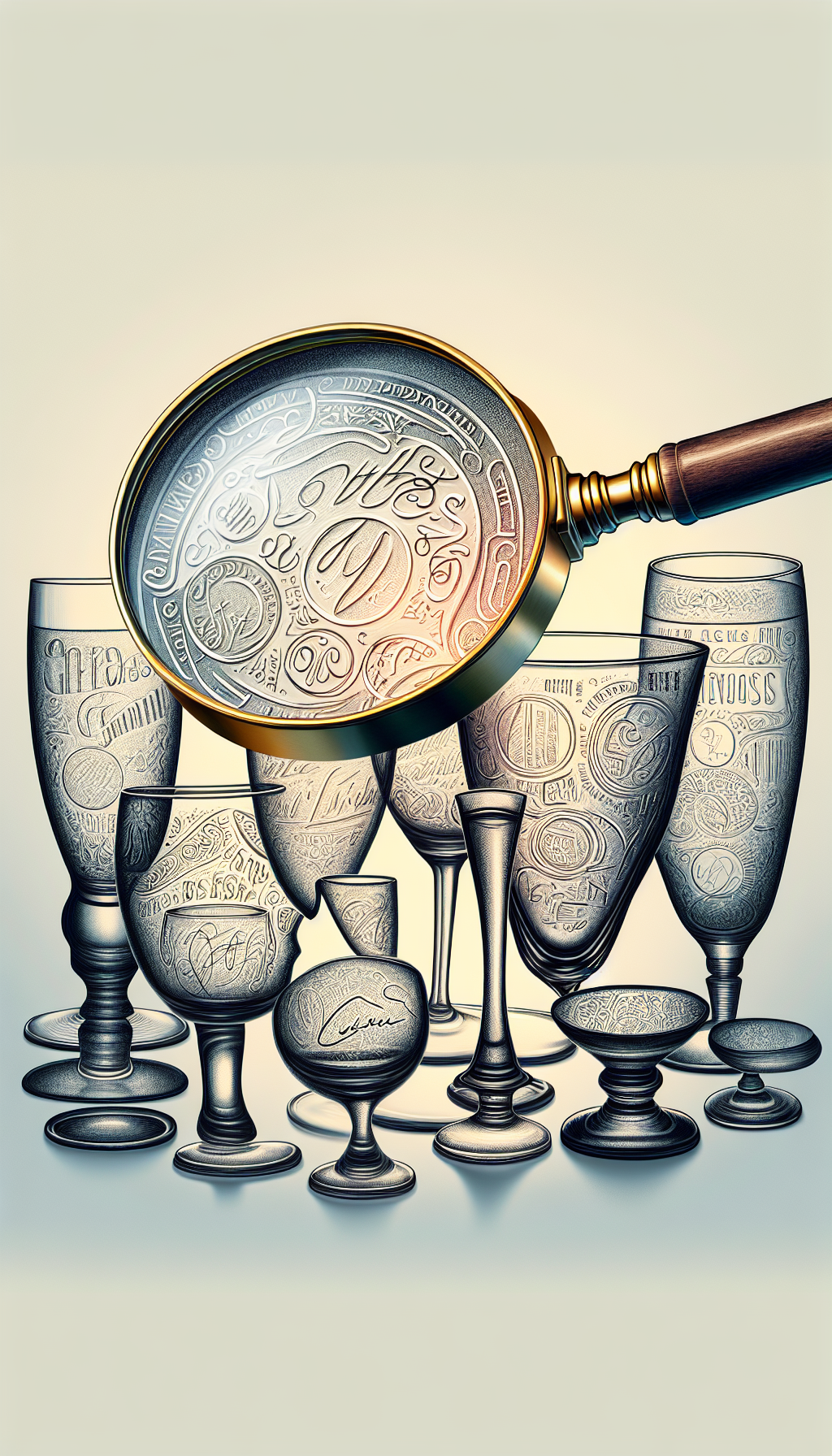 An illustration depicts an intricate magnifying glass revealing the hidden marks and signatures on a cluster of transparent antique drinking glasses, each etched with its unique identifier. Styles blend as the marks transition from delicate engraved scripts to bold imprints, symbolizing the diverse time periods and craftsmanship inherent to antique glass identification.