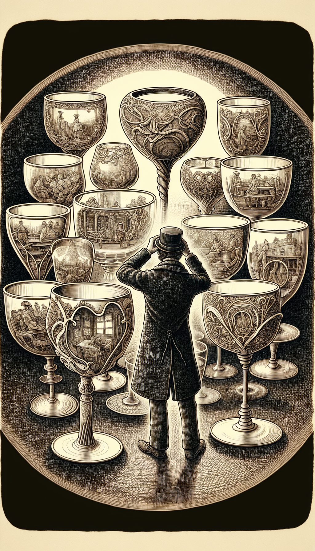 An intricately detailed illustration where a character peers through a myriad of floating antique drinking glasses, each lens revealing a distinct historical scene or style period in the backdrop like a mosaic of time—including Art Nouveau curves, Victorian ornamentation, and Georgian symmetry—symbolizing both the literal process of identifying glassware and the metaphorical glimpse into their respective eras.