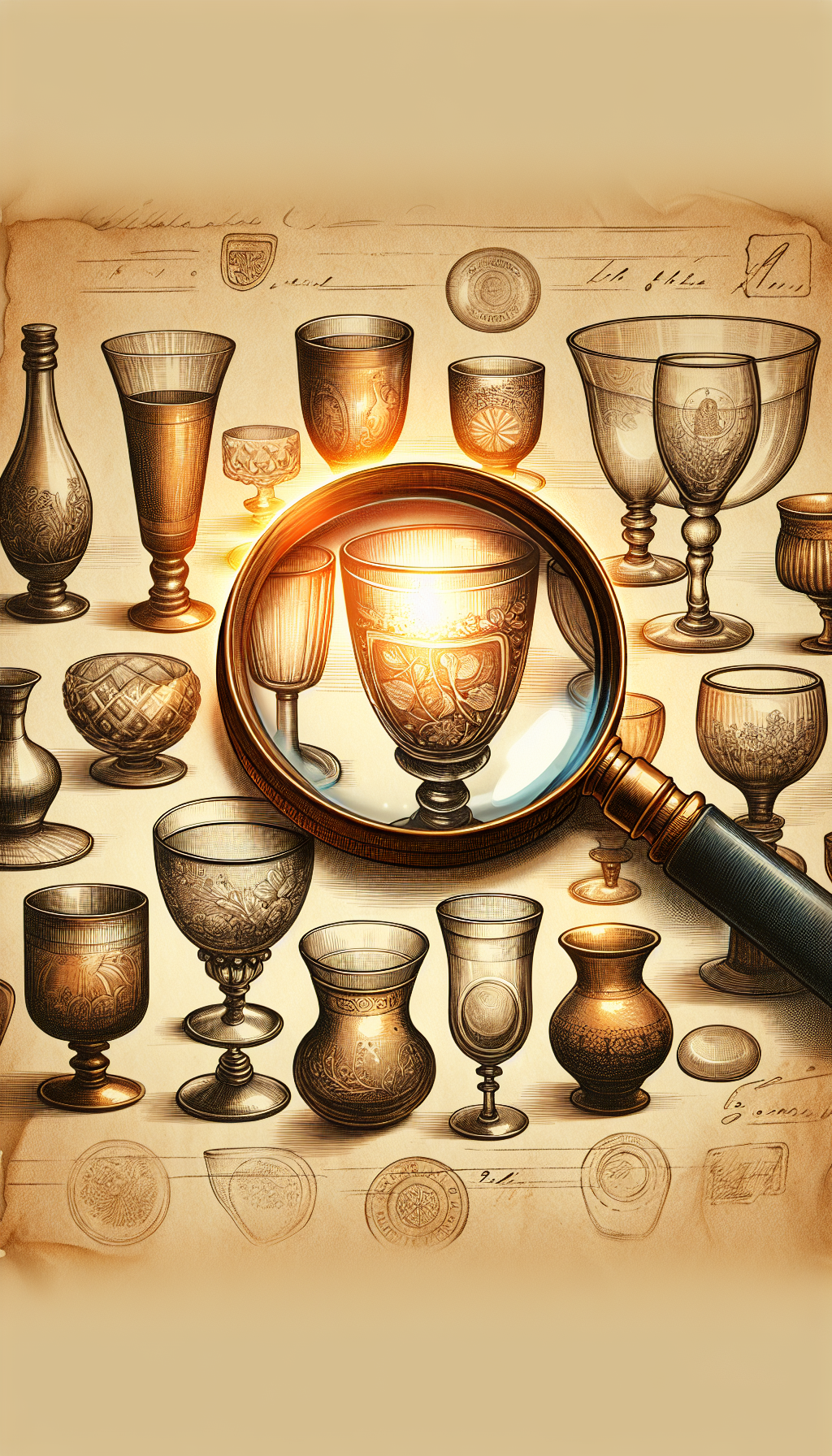 An illustration showcases a magnifying glass hovering over a curated collection of vintage glasses, each emanating a soft, golden glow emphasizing unique details like etchings, stamps, and maker's marks. The magnifying glass reflects ghostly images of their historical origins, subtly hinting at the era and craftsmanship clues essential for antique drinkware identification, all framed over an antique parchment background.